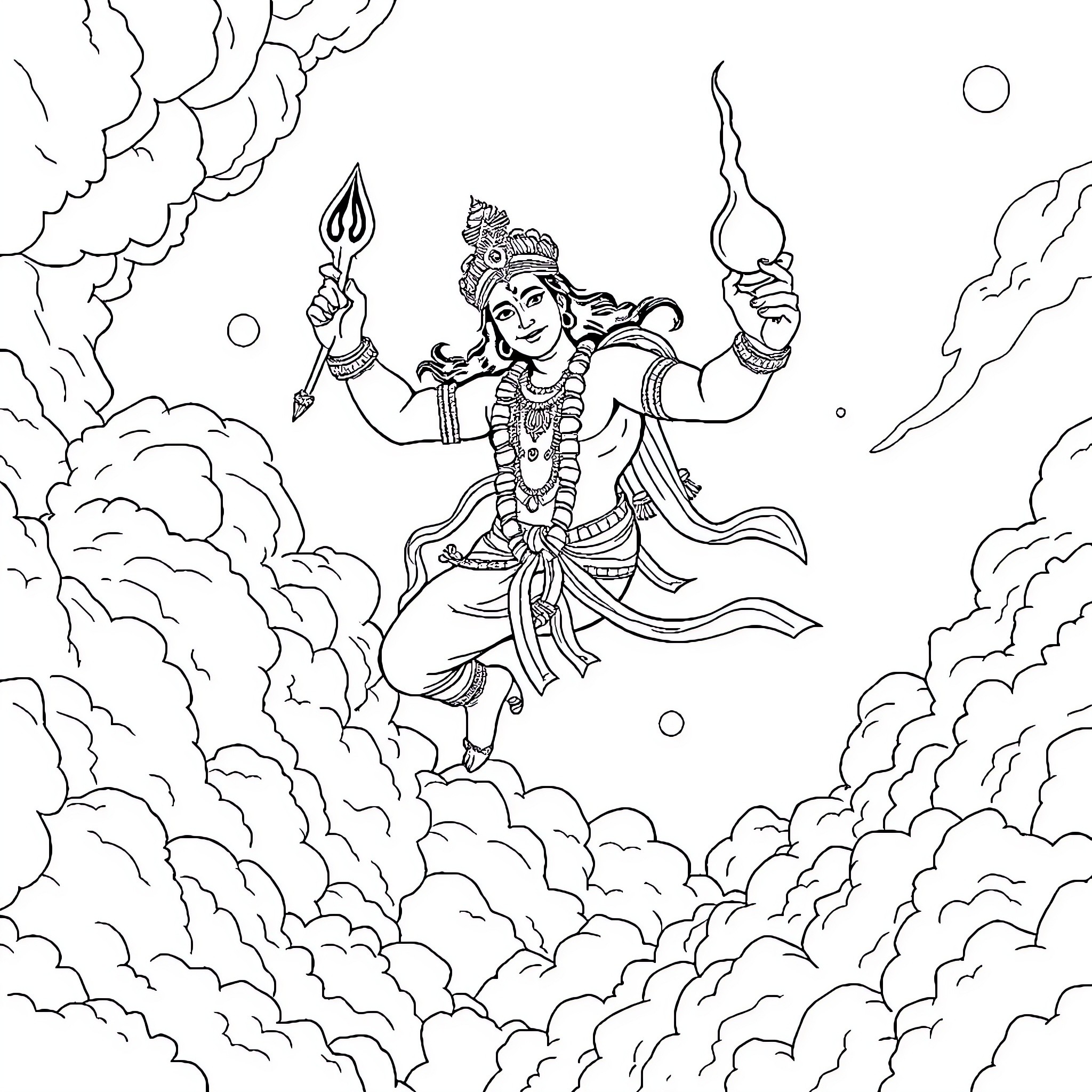 Hanuman, the Mighty Monkey God, Soaring Through the Skies Coloring Page (free black-and-white line drawing printable PDF for all, from beginners to advanced learners, including children, teens, adults, and seniors)