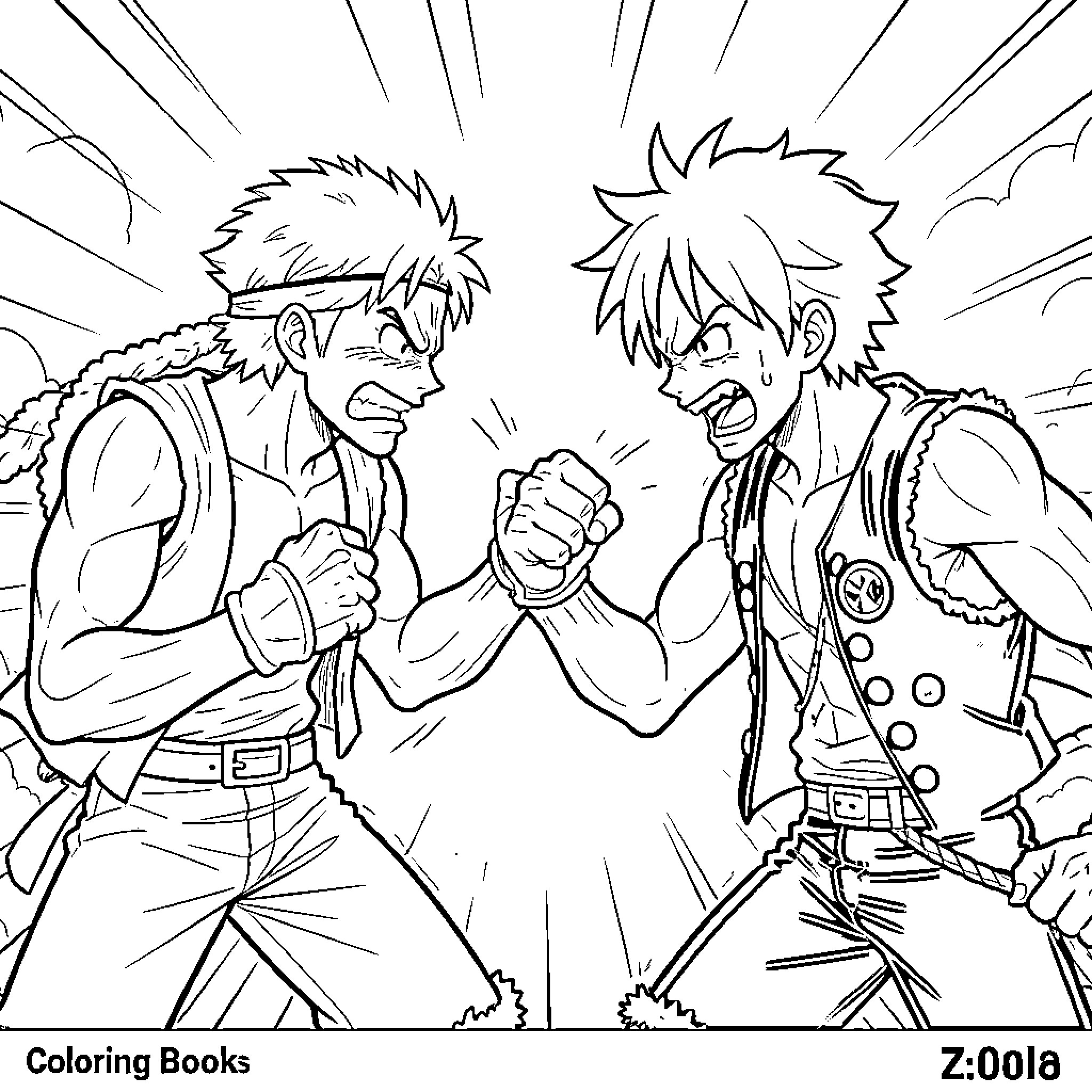 Zoro characters in intense confrontation Coloring Page (free black-and-white line drawing printable PDF for all, from beginners to advanced learners, including children, teens, adults, and seniors)