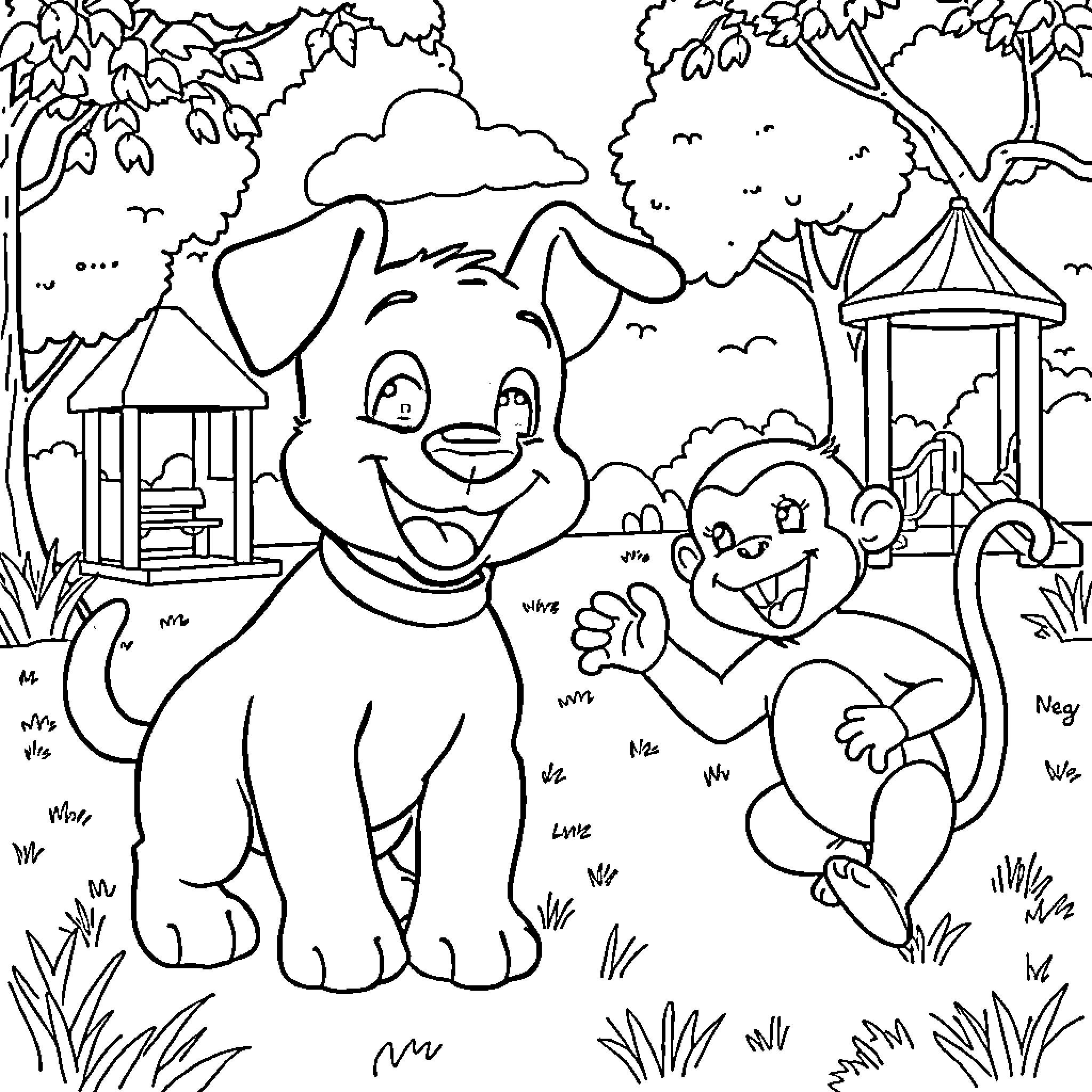Bluey and friends playing together in the park Coloring Page (free black-and-white line drawing printable PDF for all, from beginners to advanced learners, including children, teens, adults, and seniors)