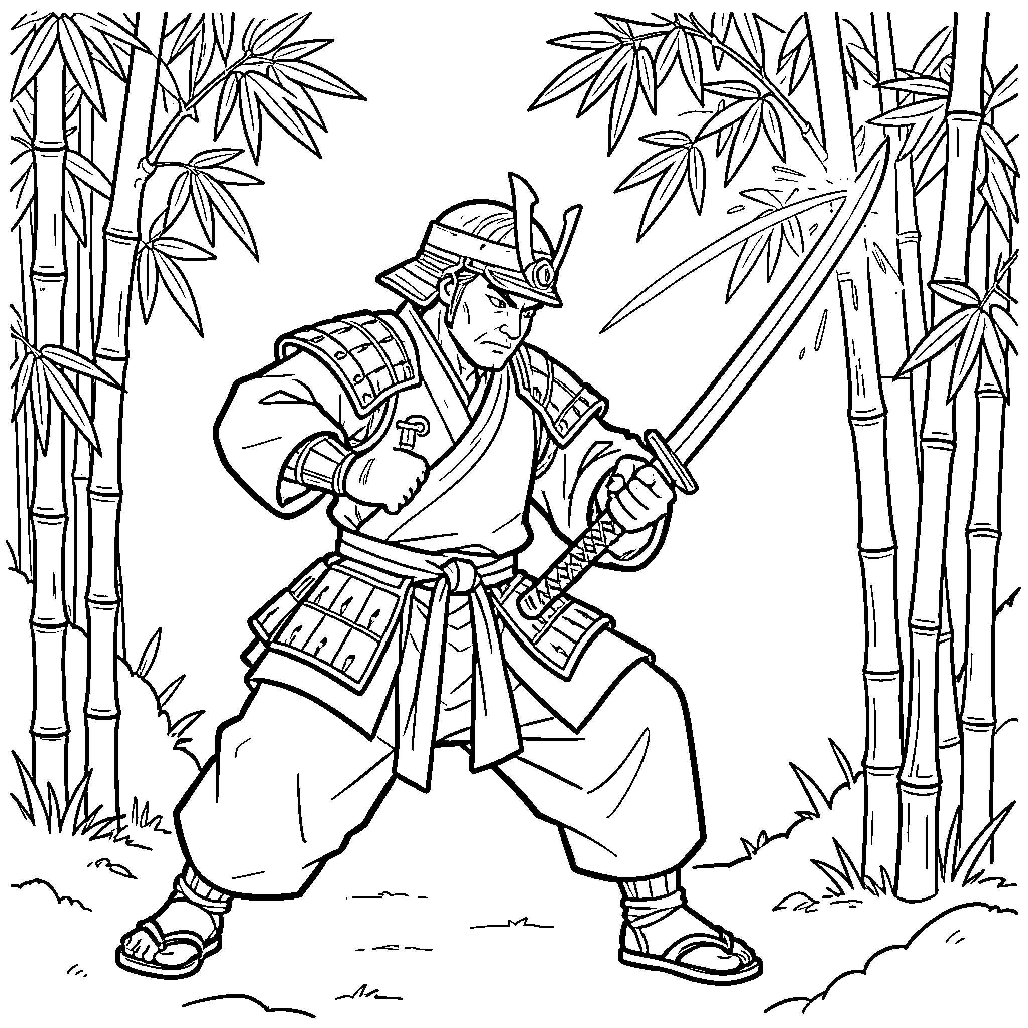 Samurai wielding a sword amidst a bamboo forest Coloring Page (free black-and-white line drawing printable PDF for all, from beginners to advanced learners, including children, teens, adults, and seniors)