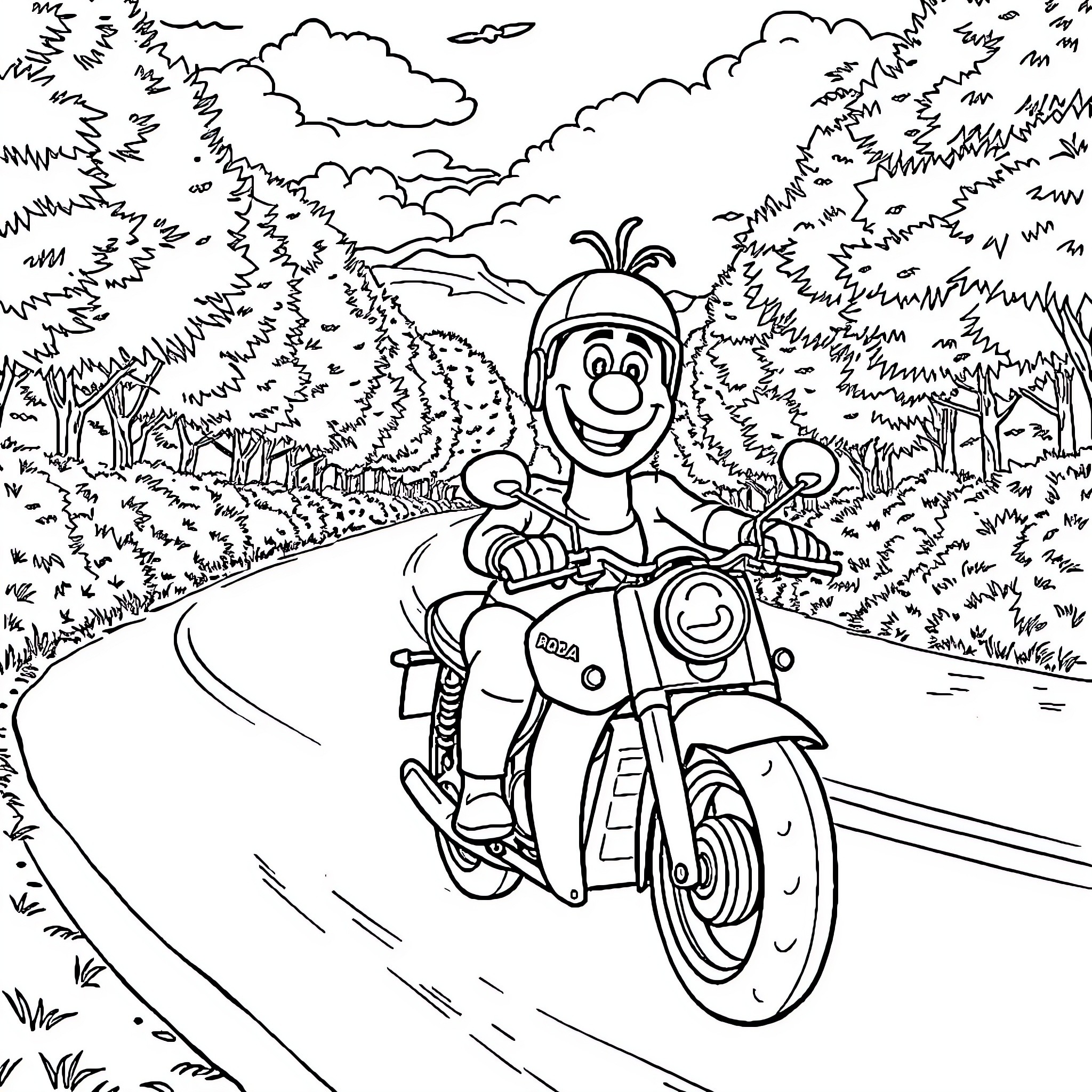 Olaf riding his motorcycle through the countryside Coloring Page (free black-and-white line drawing printable PDF for all, from beginners to advanced learners, including children, teens, adults, and seniors)