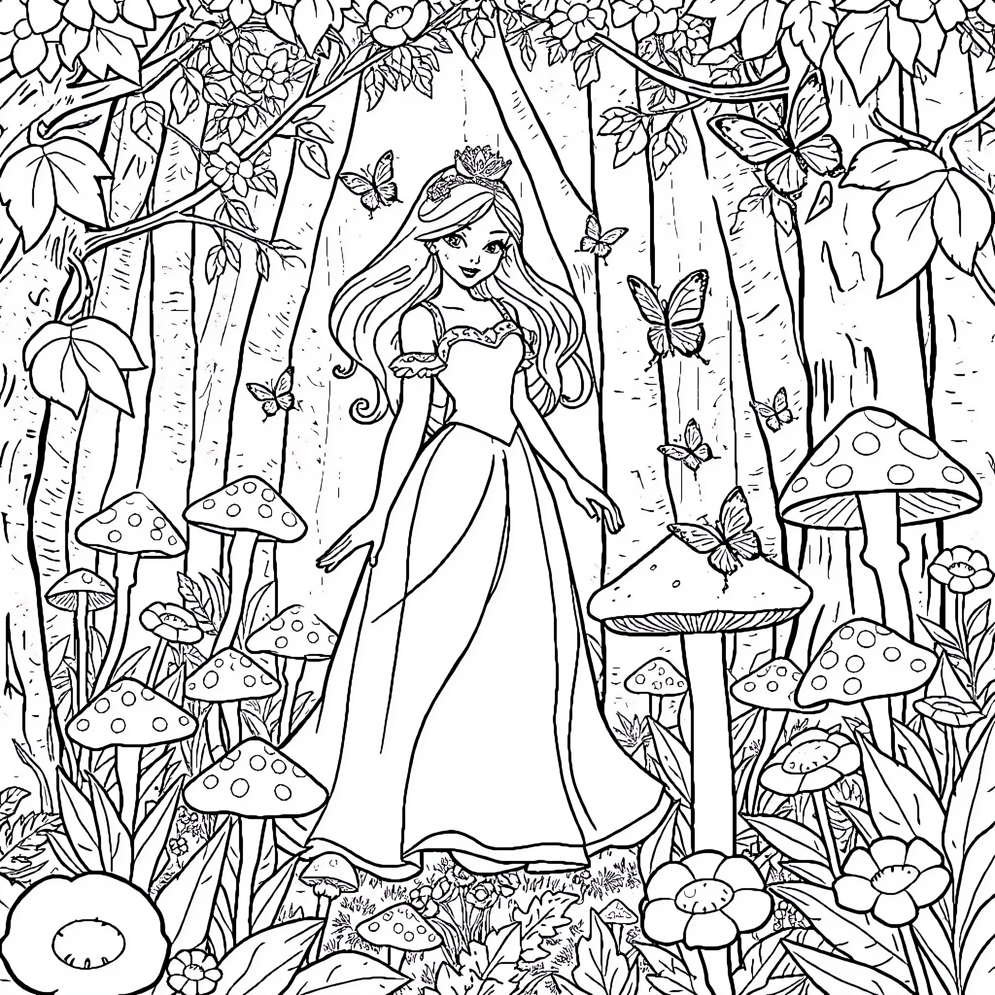 Princess in a Magical Forest Surrounded by Nature Coloring Page (free black-and-white line drawing printable PDF for all, from beginners to advanced learners, including children, teens, adults, and seniors)