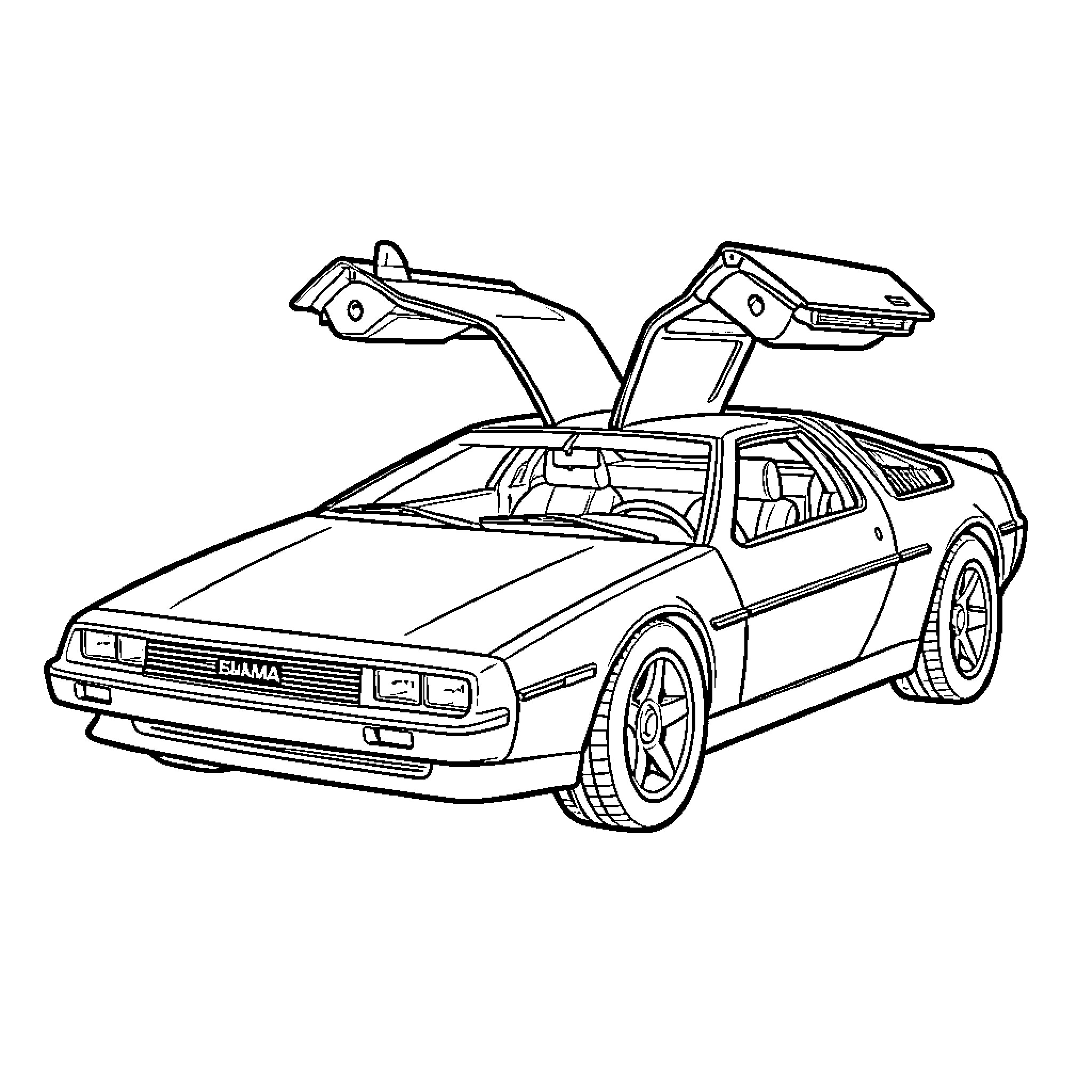 DeLorean with doors open in a parked position Coloring Page (free black-and-white line drawing printable PDF for all, from beginners to advanced learners, including children, teens, adults, and seniors)