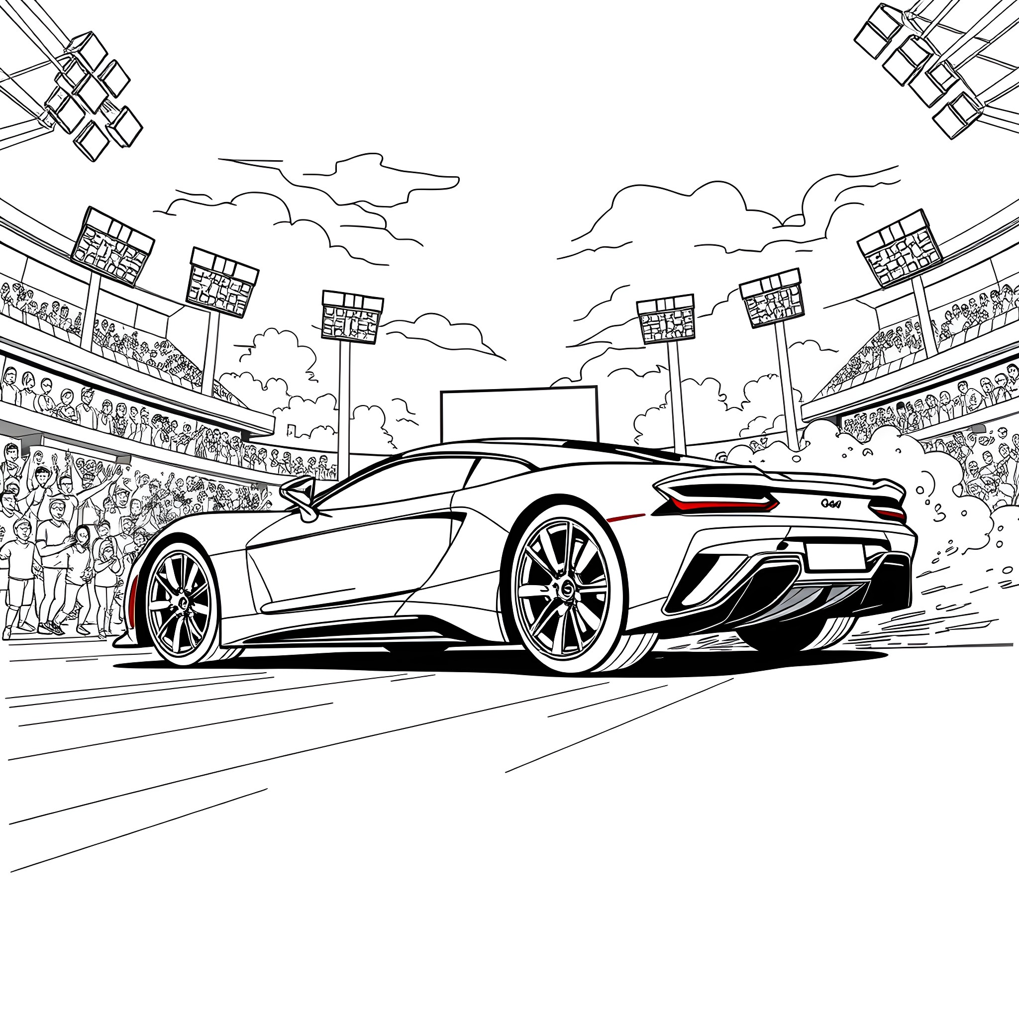 Car on the racetrack with crowd cheering Coloring Page (free black-and-white line drawing printable PDF for all, from beginners to advanced learners, including children, teens, adults, and seniors)