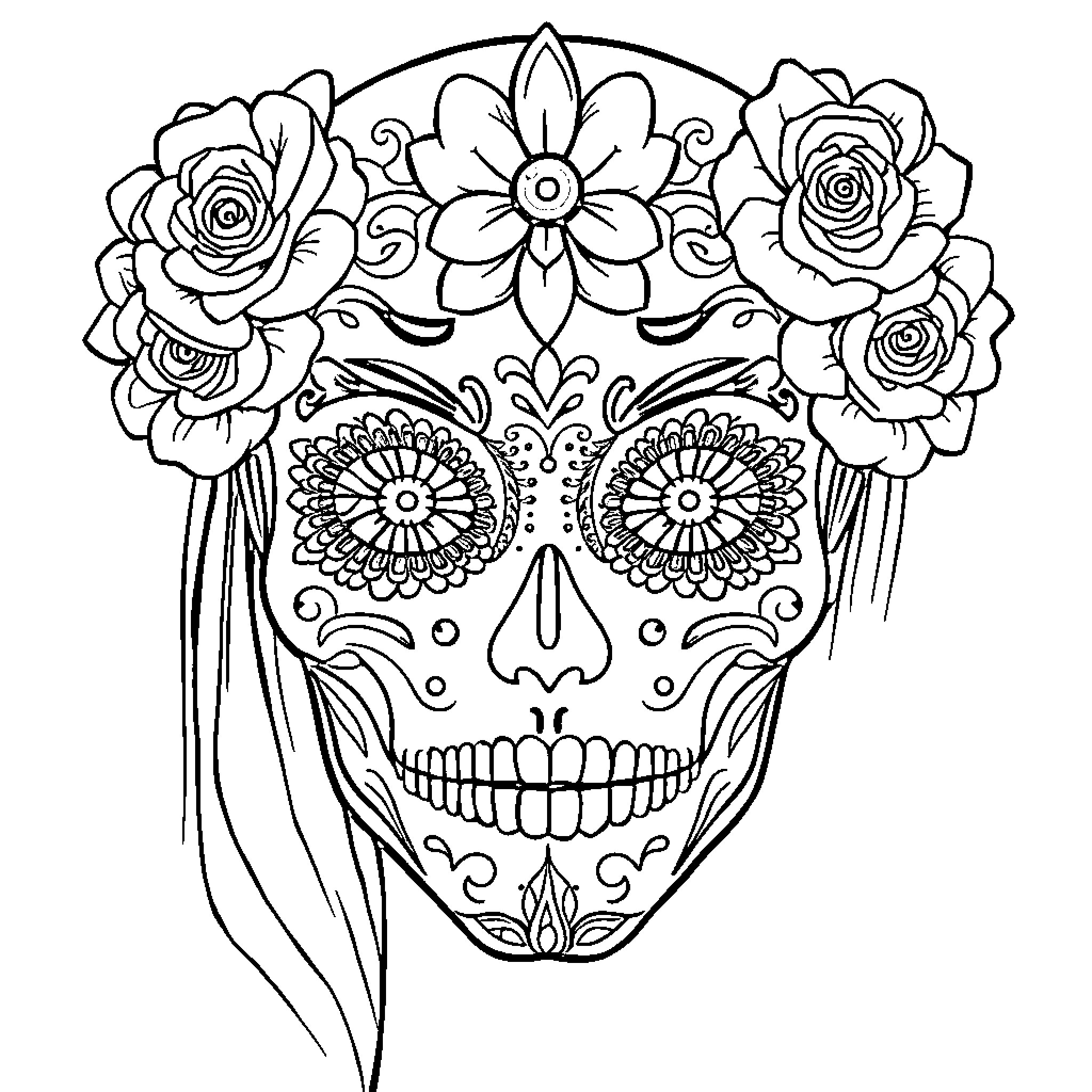 Dia de Muertos floral skull with ornate designs Coloring Page (free black-and-white line drawing printable PDF for all, from beginners to advanced learners, including children, teens, adults, and seniors)