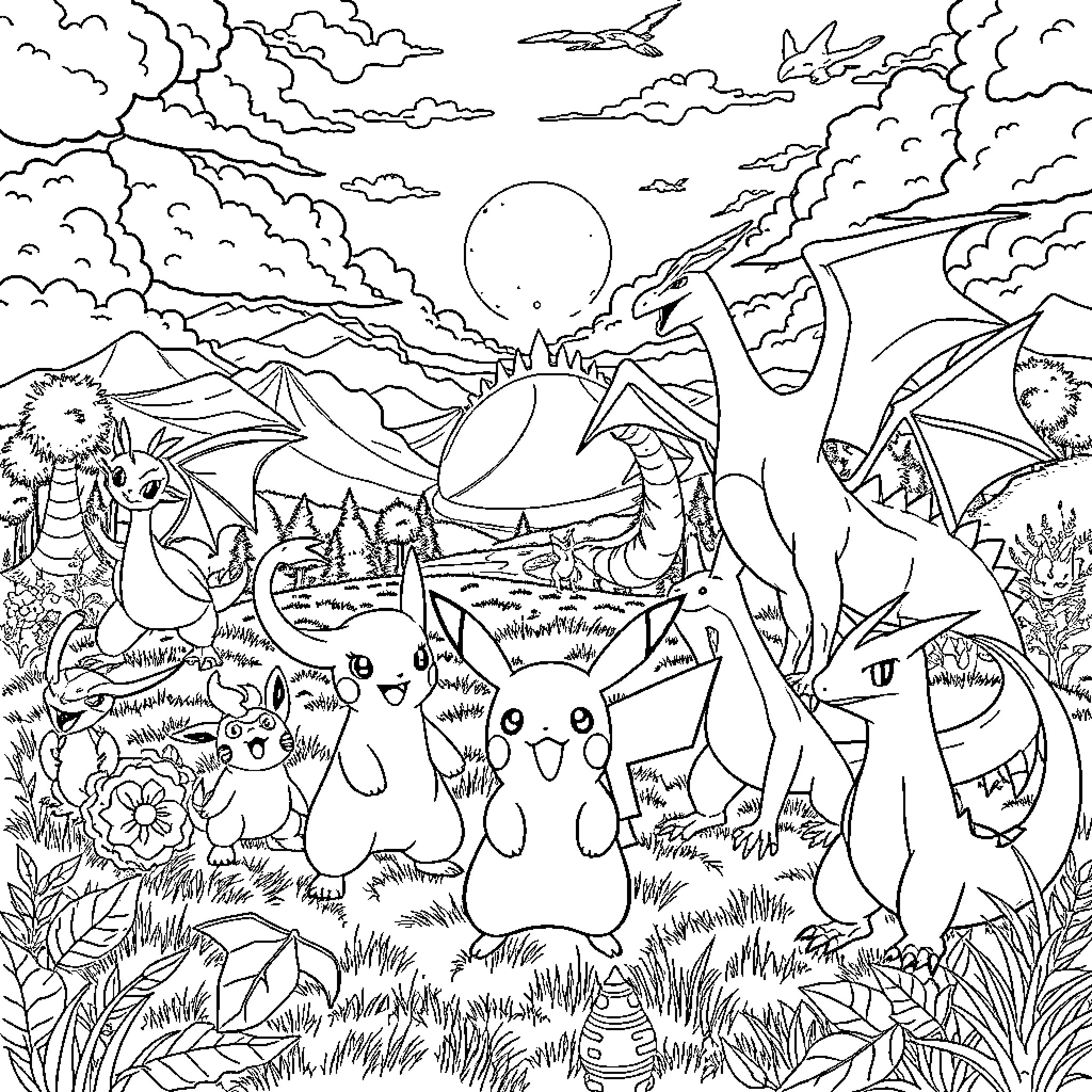 Pokémon characters in a whimsical landscape Coloring Page (free black-and-white line drawing printable PDF for all, from beginners to advanced learners, including children, teens, adults, and seniors)