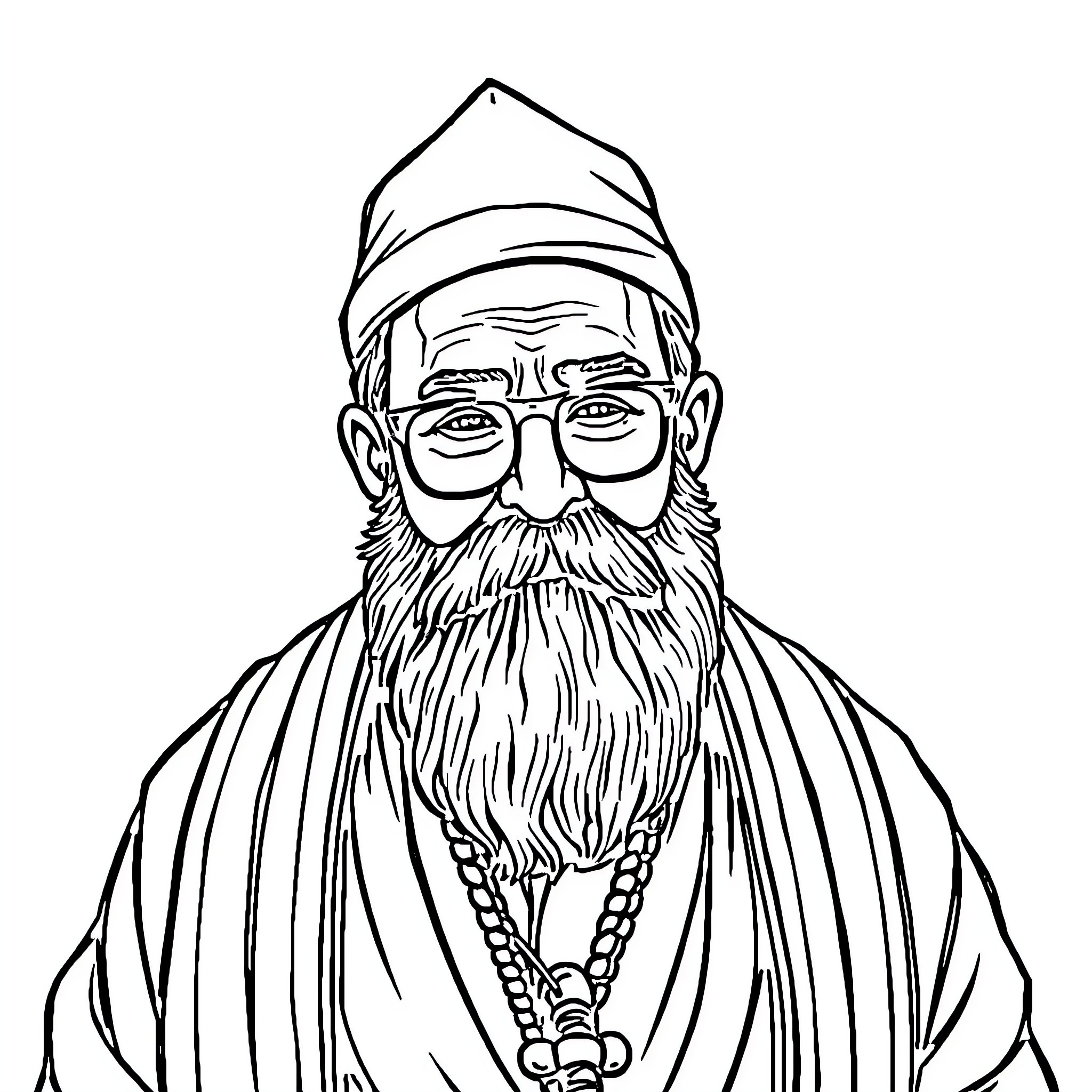 Rav Toledano in contemplative pose with traditional attire Coloring Page (free black-and-white line drawing printable PDF for all, from beginners to advanced learners, including children, teens, adults, and seniors)