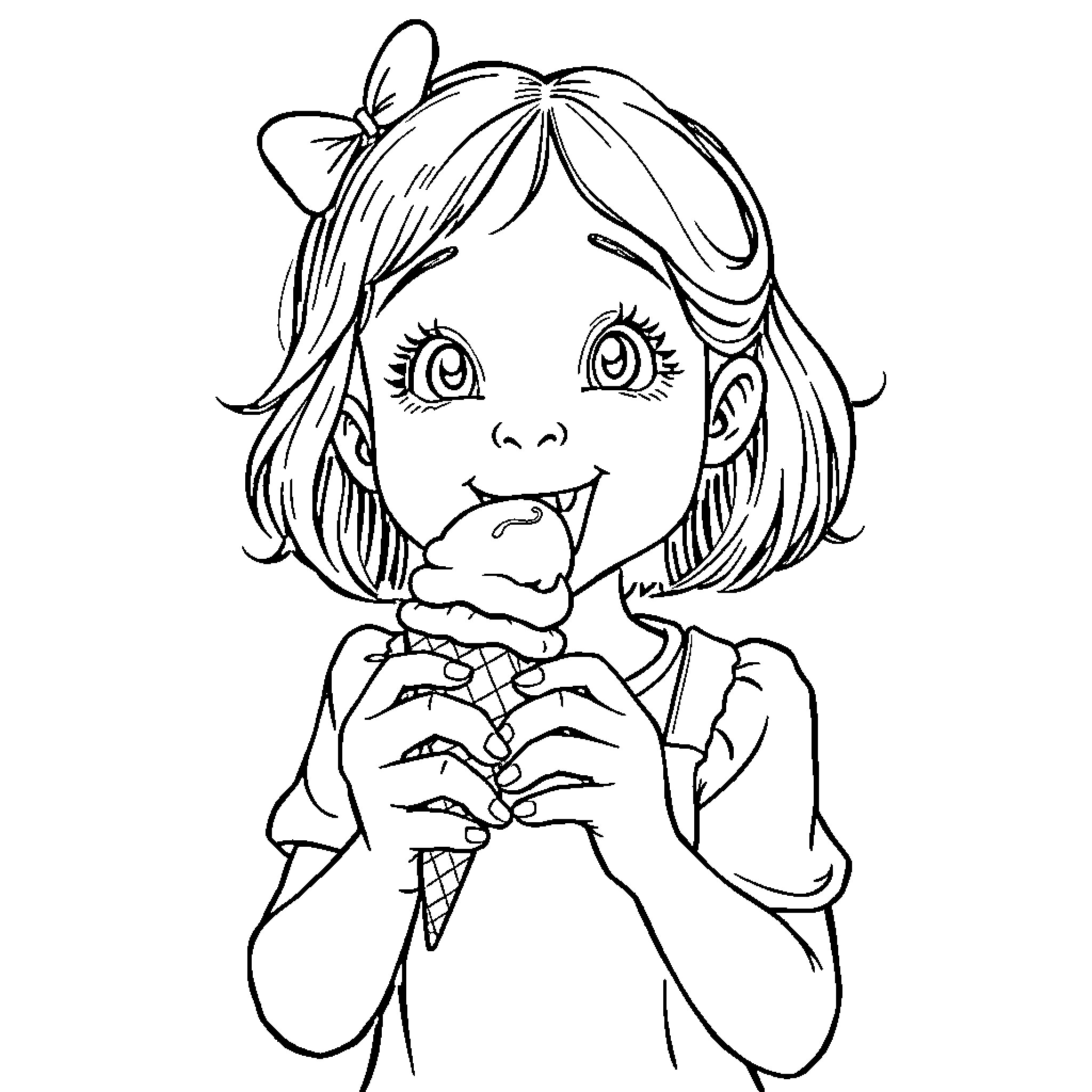 Chica enjoying a sweet treat Coloring Page (free black-and-white line drawing printable PDF for all, from beginners to advanced learners, including children, teens, adults, and seniors)