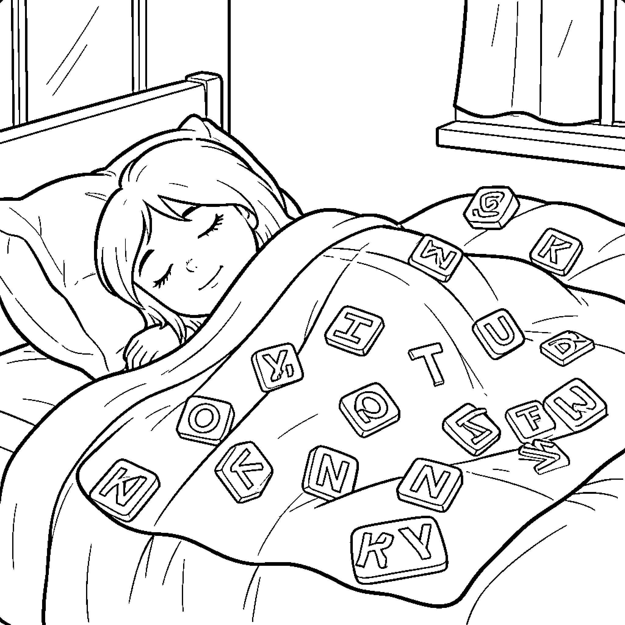 Roman Numerals sleeping under cozy blanket Coloring Page (free black-and-white line drawing printable PDF for all, from beginners to advanced learners, including children, teens, adults, and seniors)