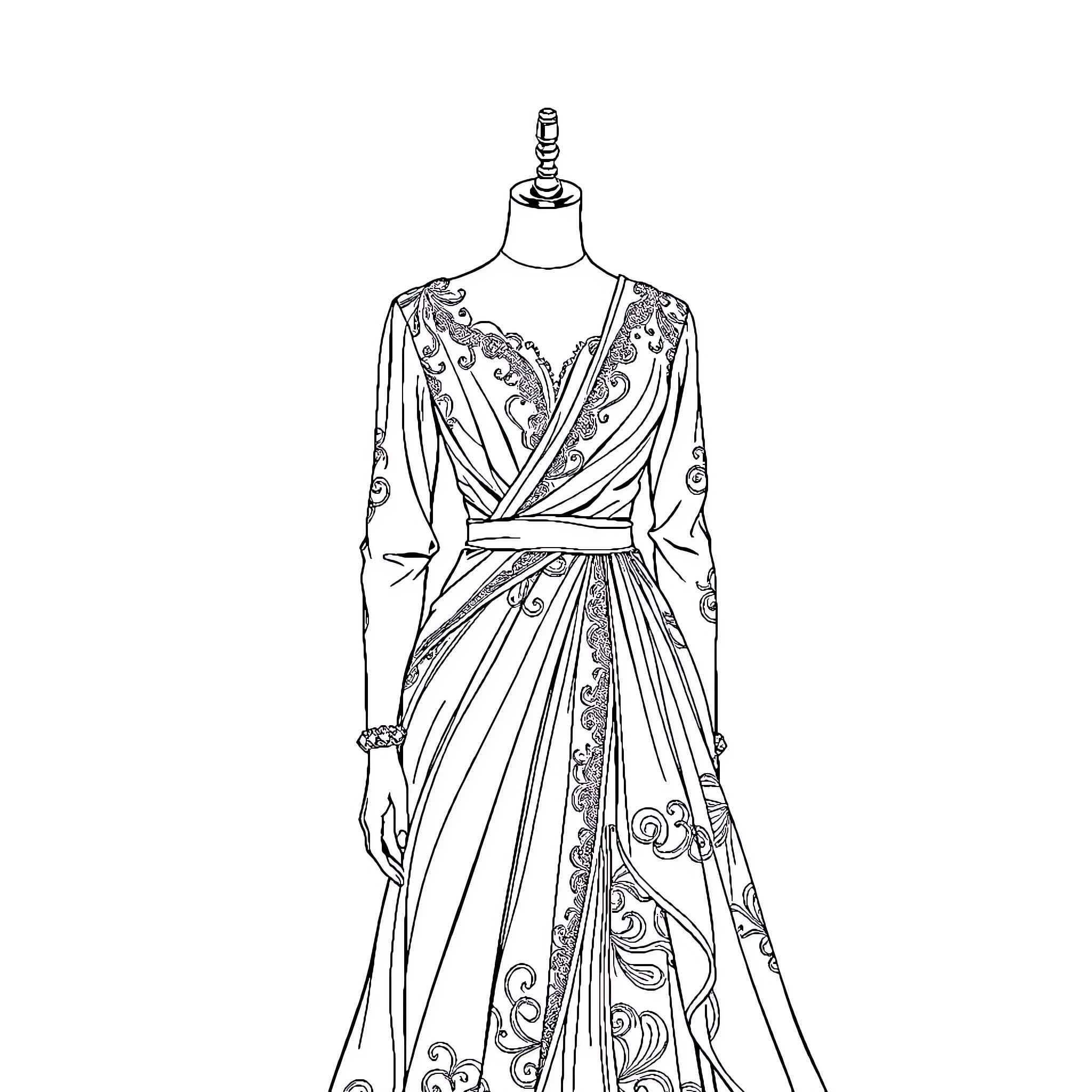 Mannequin displaying intricate floral evening gown Coloring Page (free black-and-white line drawing printable PDF for all, from beginners to advanced learners, including children, teens, adults, and seniors)
