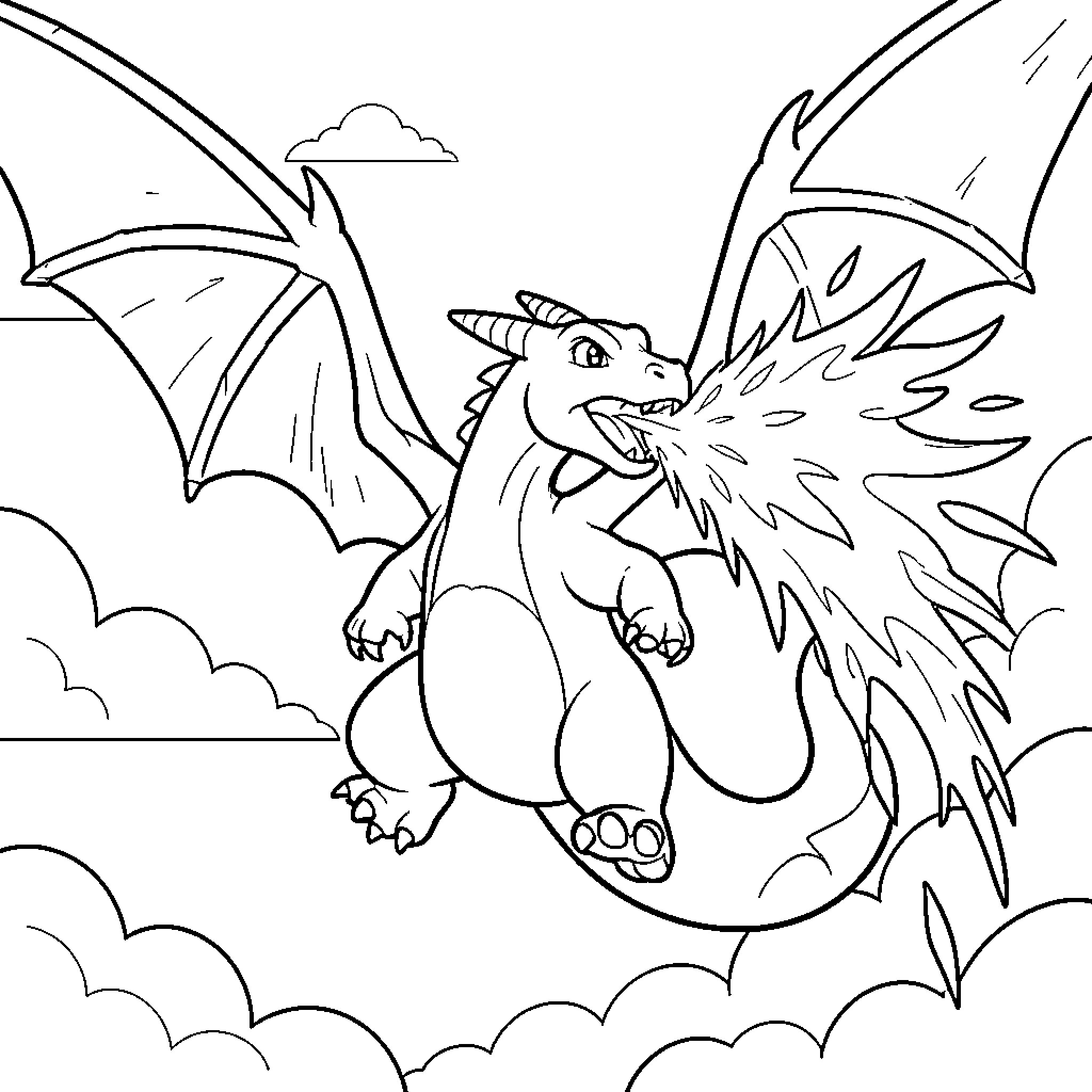 Charizard soaring through the clouds with fierce expression Coloring Page (free black-and-white line drawing printable PDF for all, from beginners to advanced learners, including children, teens, adults, and seniors)