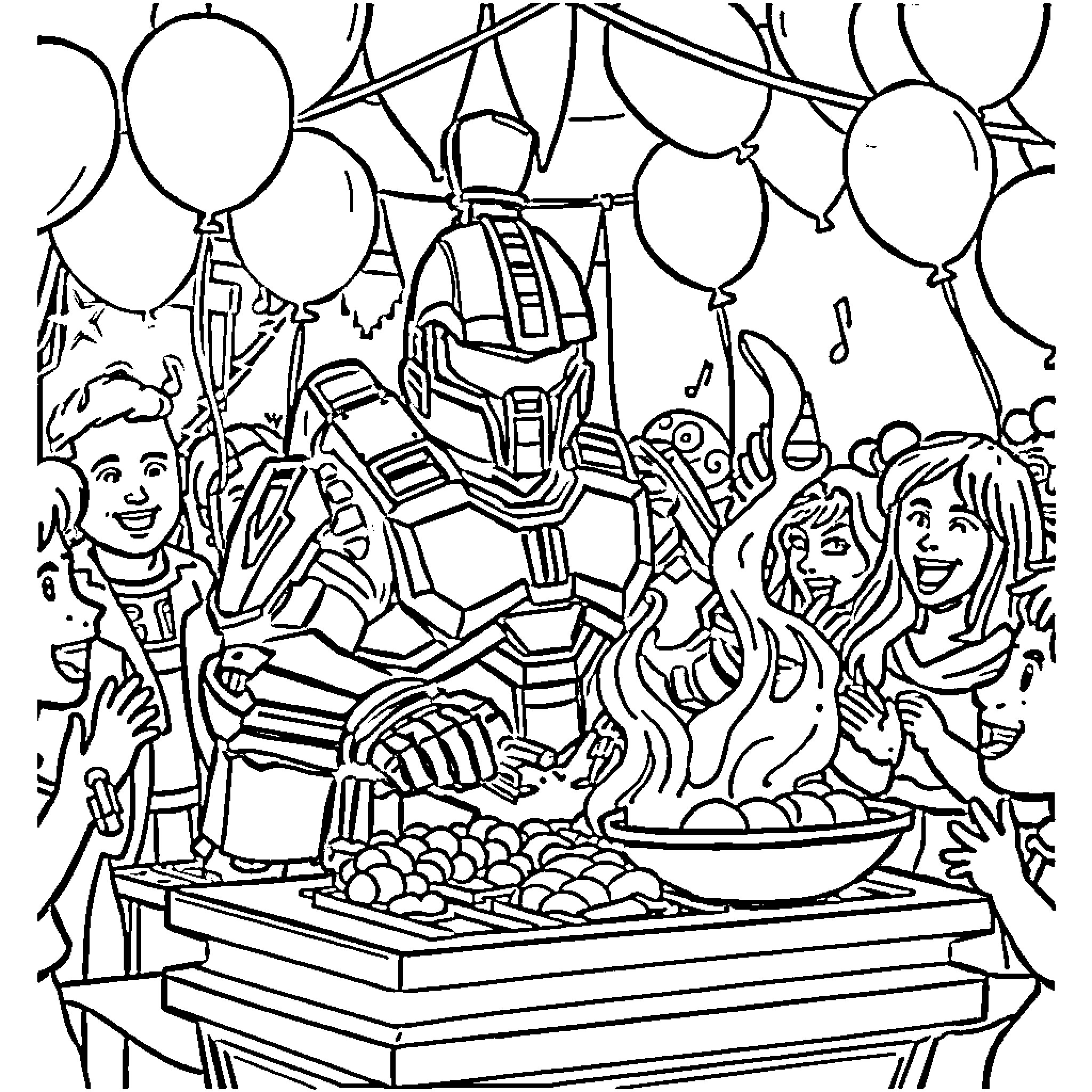 Halo Spartan Celebrating Party with Friends Coloring Page (free black-and-white line drawing printable PDF for all, from beginners to advanced learners, including children, teens, adults, and seniors)