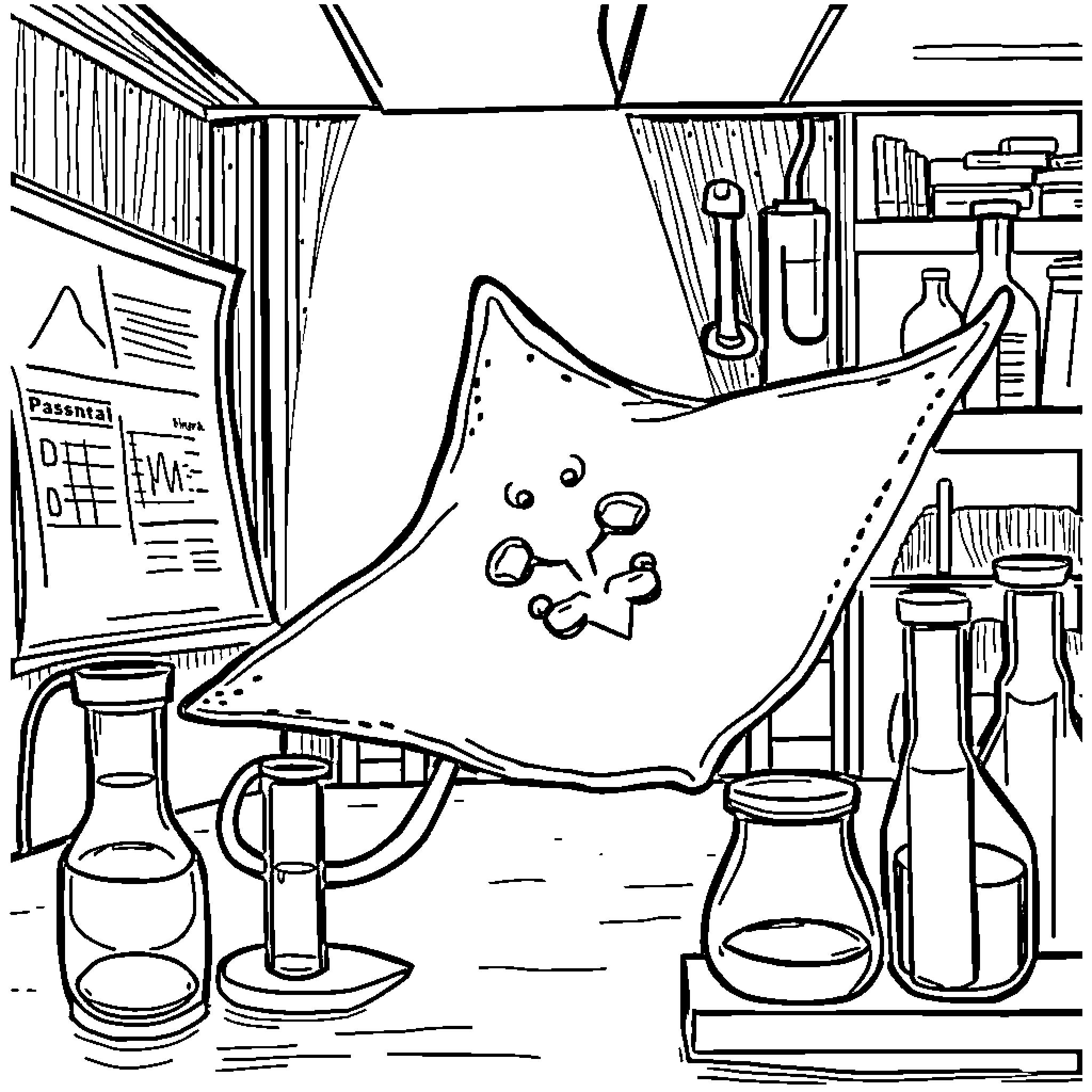 Stingray in the scientific laboratory Coloring Page (free black-and-white line drawing printable PDF for all, from beginners to advanced learners, including children, teens, adults, and seniors)