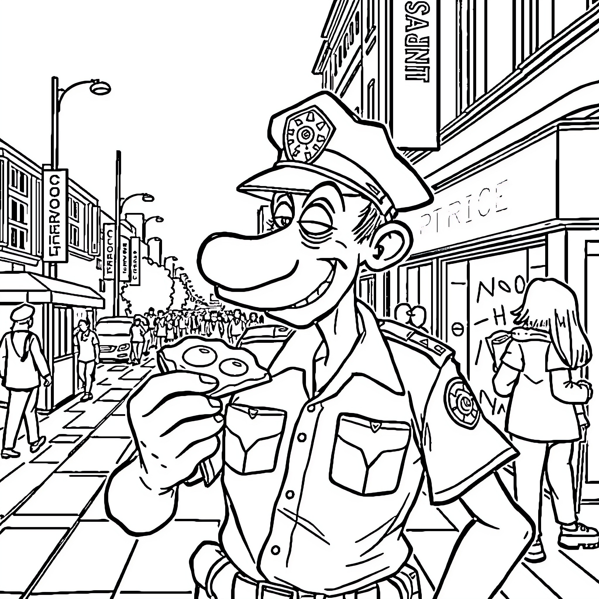 Police Officer Directing Traffic in a Crowded Street Coloring Page (free black-and-white line drawing printable PDF for all, from beginners to advanced learners, including children, teens, adults, and seniors)