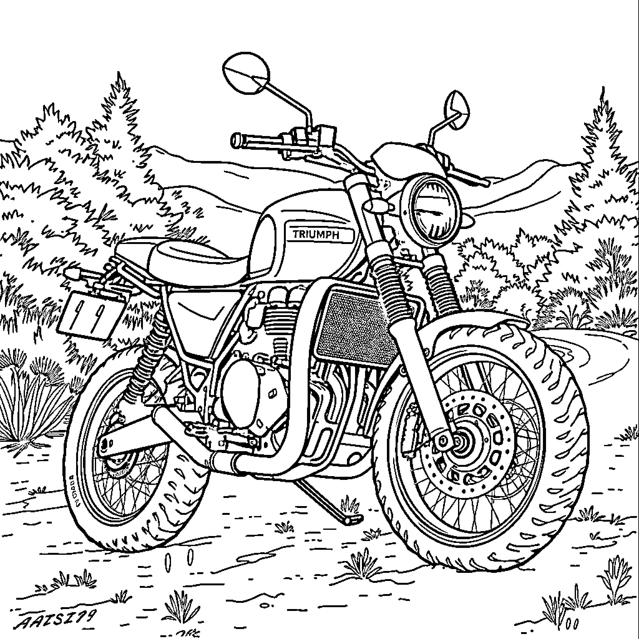 Triumph Scrambler off-road adventure through nature Coloring Page (free black-and-white line drawing printable PDF for all, from beginners to advanced learners, including children, teens, adults, and seniors)