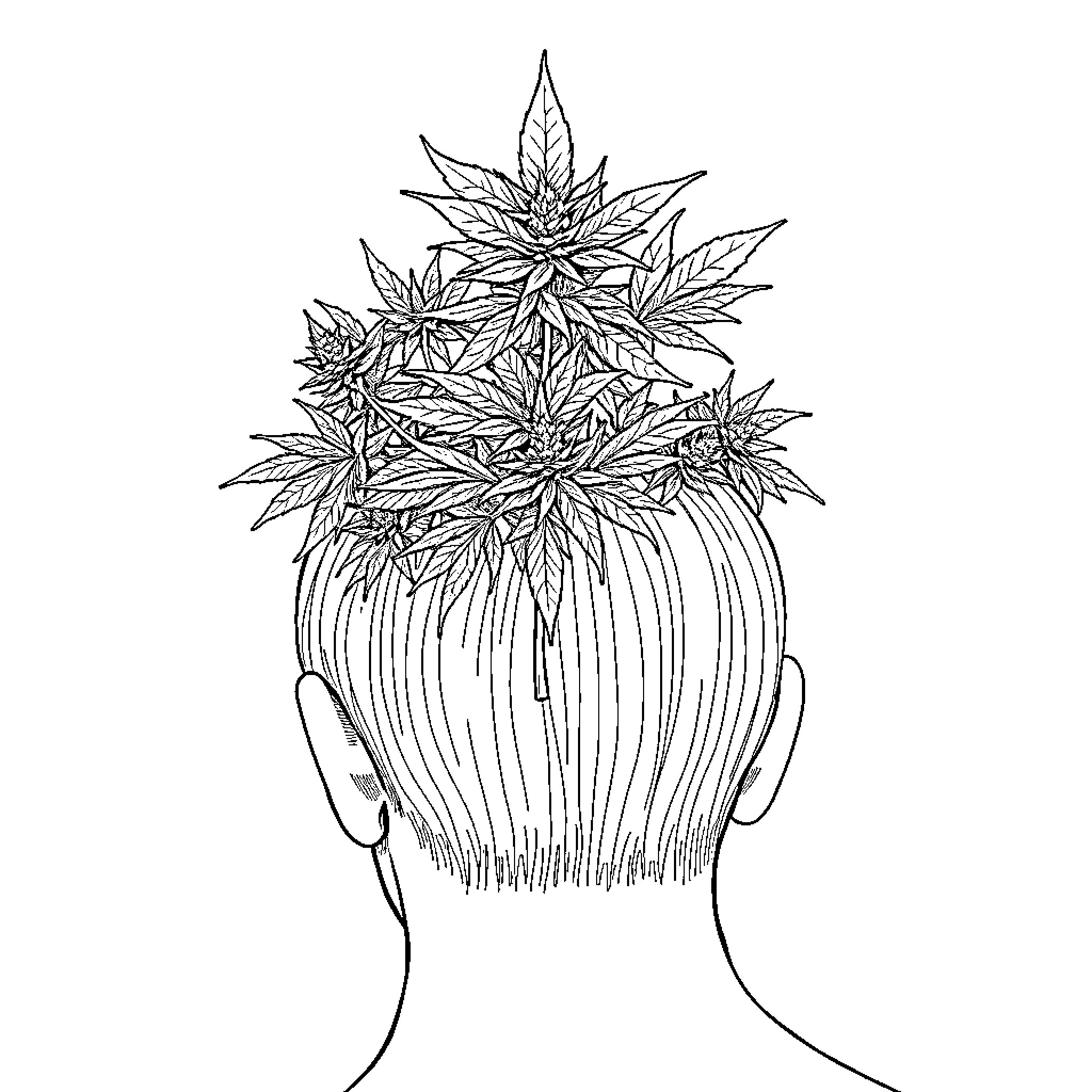 Marijuana-themed abstract hairstyle Coloring Page (free black-and-white line drawing printable PDF for all, from beginners to advanced learners, including children, teens, adults, and seniors)