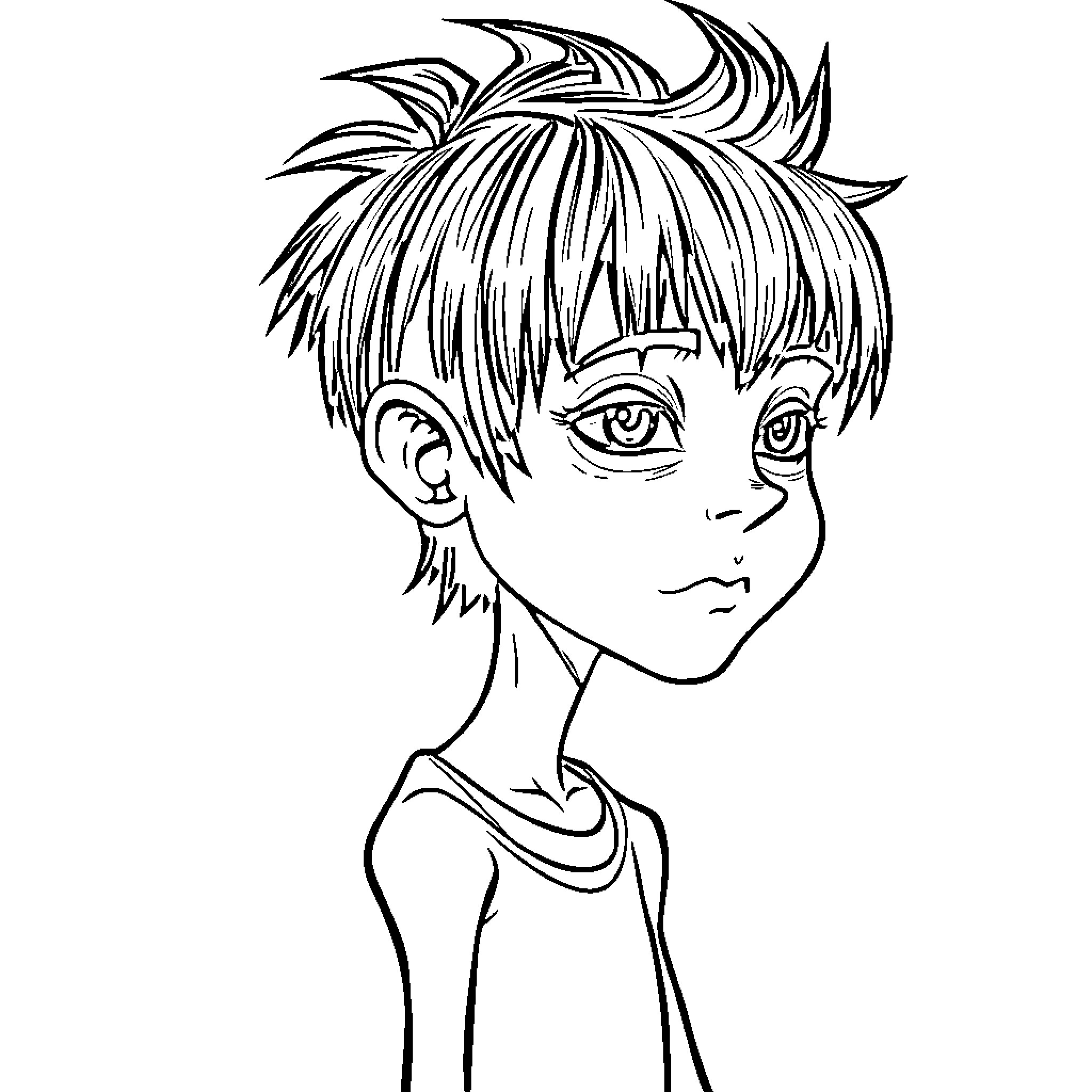 Lad with Tousled Hair and Contemplative Expression Coloring Page (free black-and-white line drawing printable PDF for all, from beginners to advanced learners, including children, teens, adults, and seniors)