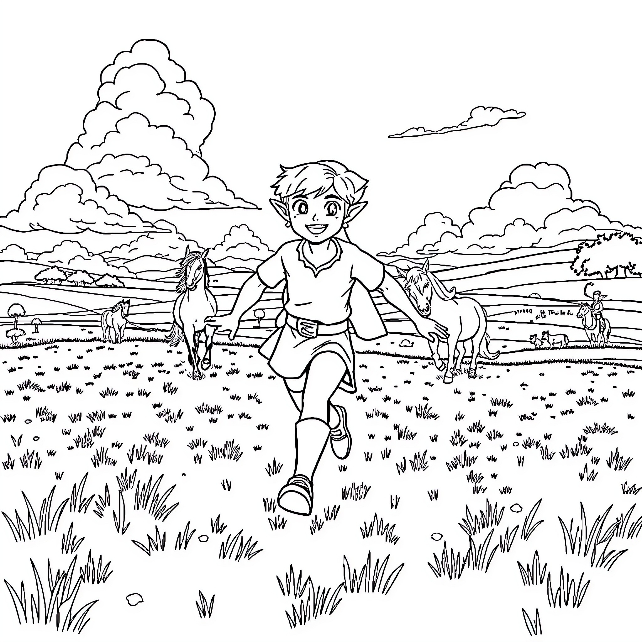 Link exploring the lush countryside with horses Coloring Page (free black-and-white line drawing printable PDF for all, from beginners to advanced learners, including children, teens, adults, and seniors)