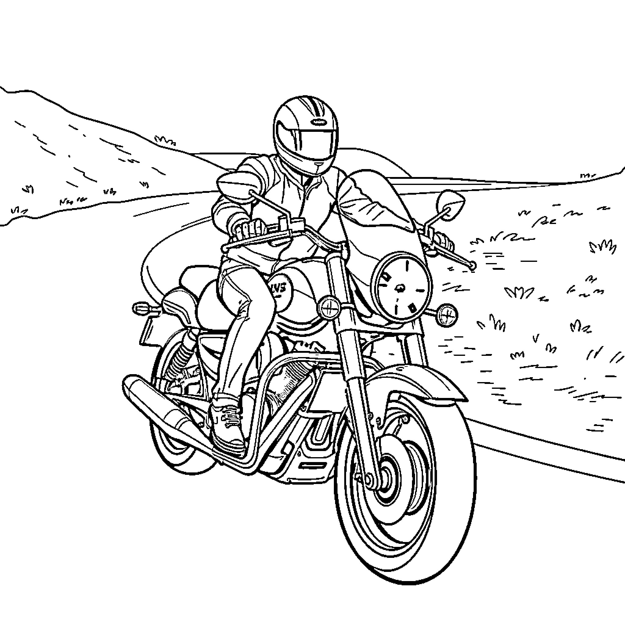 Motorbike rider navigating winding road in scenic landscape Coloring Page (free black-and-white line drawing printable PDF for all, from beginners to advanced learners, including children, teens, adults, and seniors)