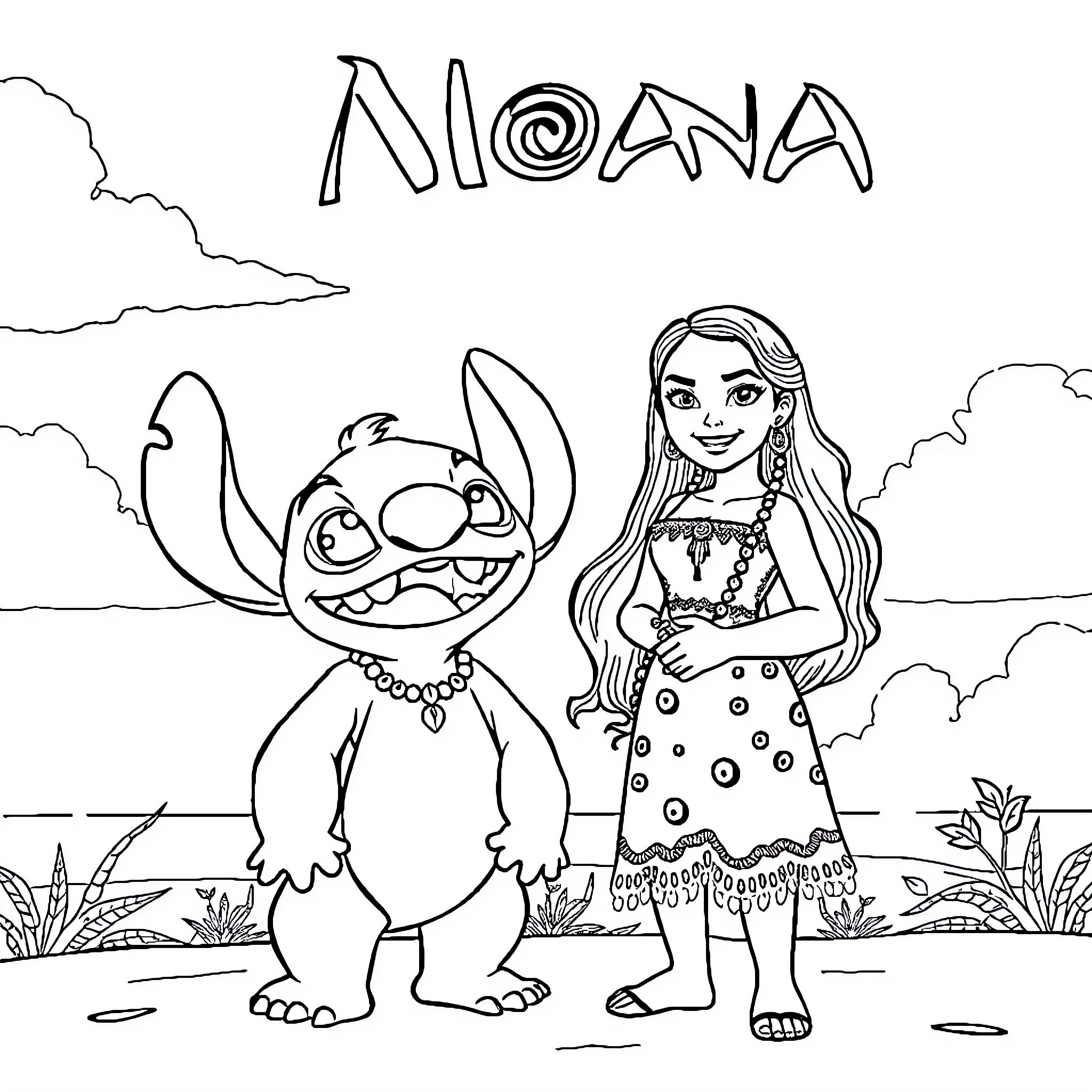 Moana and Stitch in a scenic landscape Coloring Page (free black-and-white line drawing printable PDF for all, from beginners to advanced learners, including children, teens, adults, and seniors)
