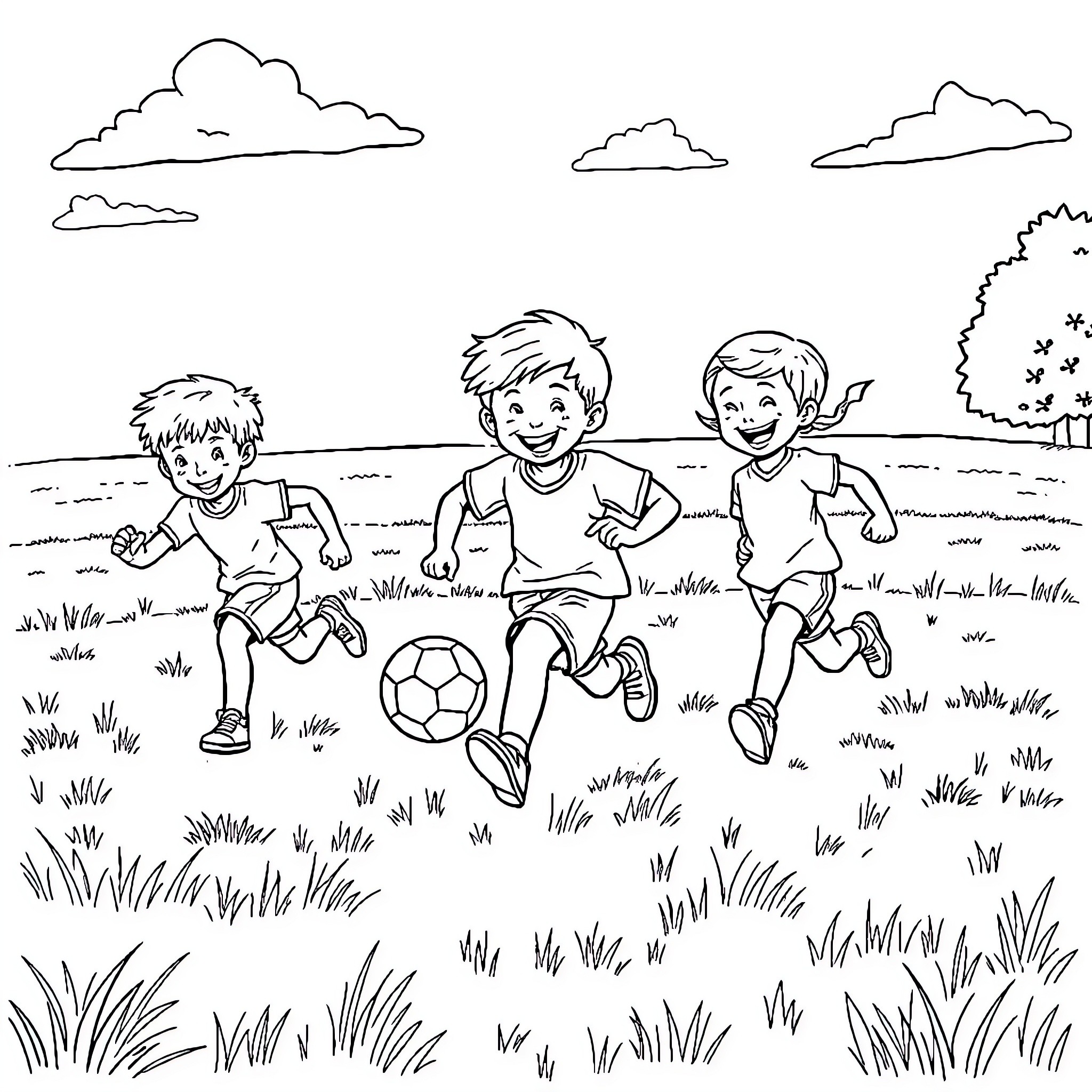 Child playing soccer with friends in the park Coloring Page (free black-and-white line drawing printable PDF for all, from beginners to advanced learners, including children, teens, adults, and seniors)