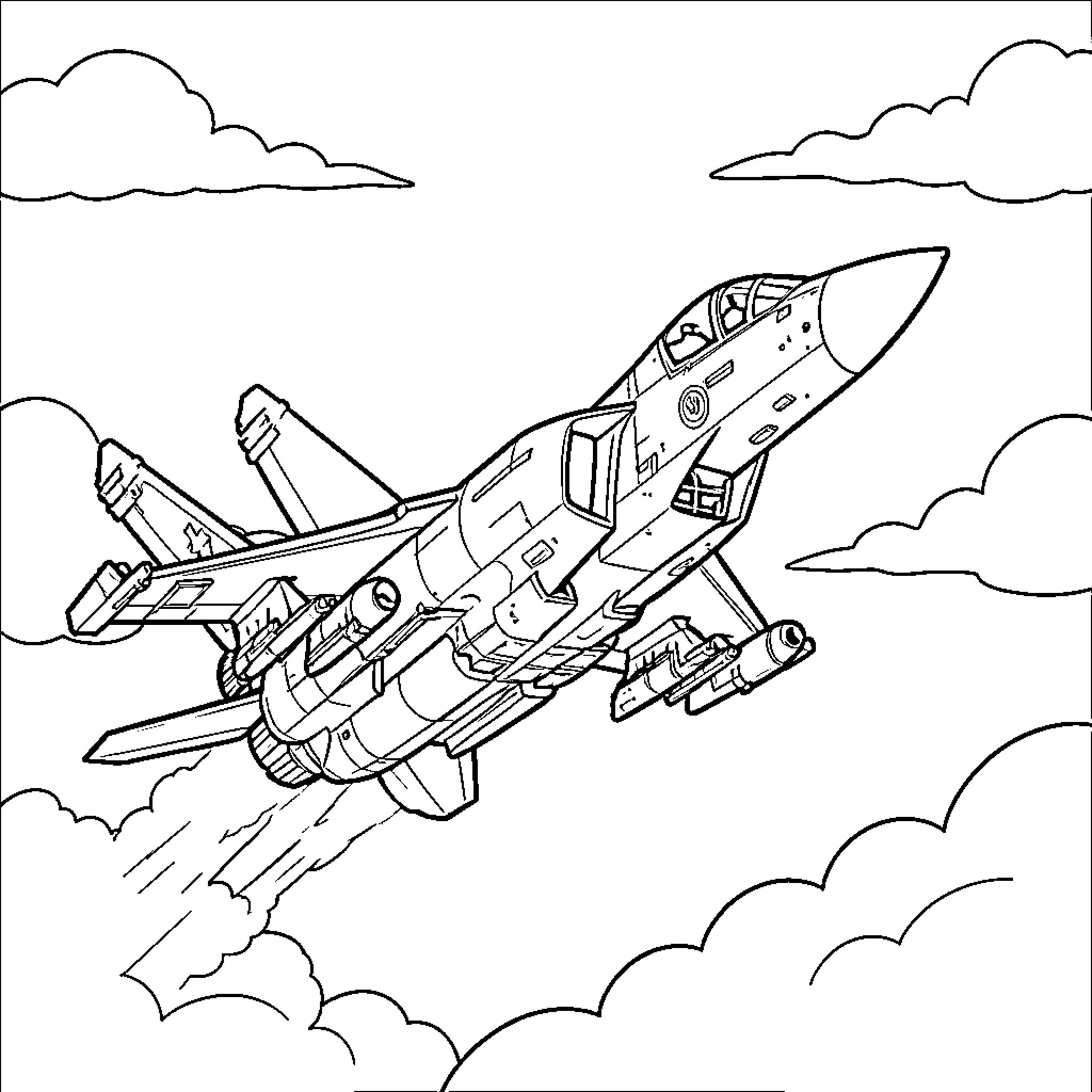 Military Jet soaring through the sky Coloring Page (free black-and-white line drawing printable PDF for all, from beginners to advanced learners, including children, teens, adults, and seniors)