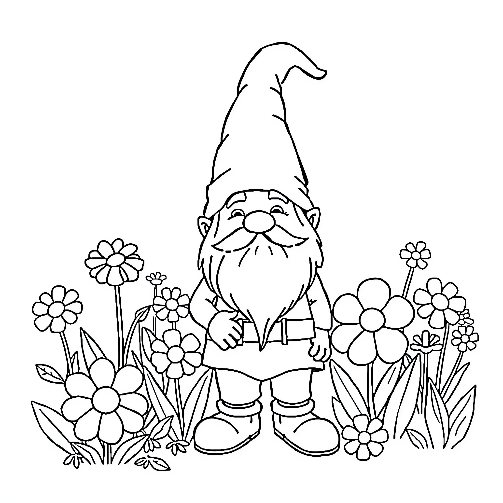 Garden Gnome Surrounded by Flowers Coloring Page (free black-and-white line drawing printable PDF for all, from beginners to advanced learners, including children, teens, adults, and seniors)