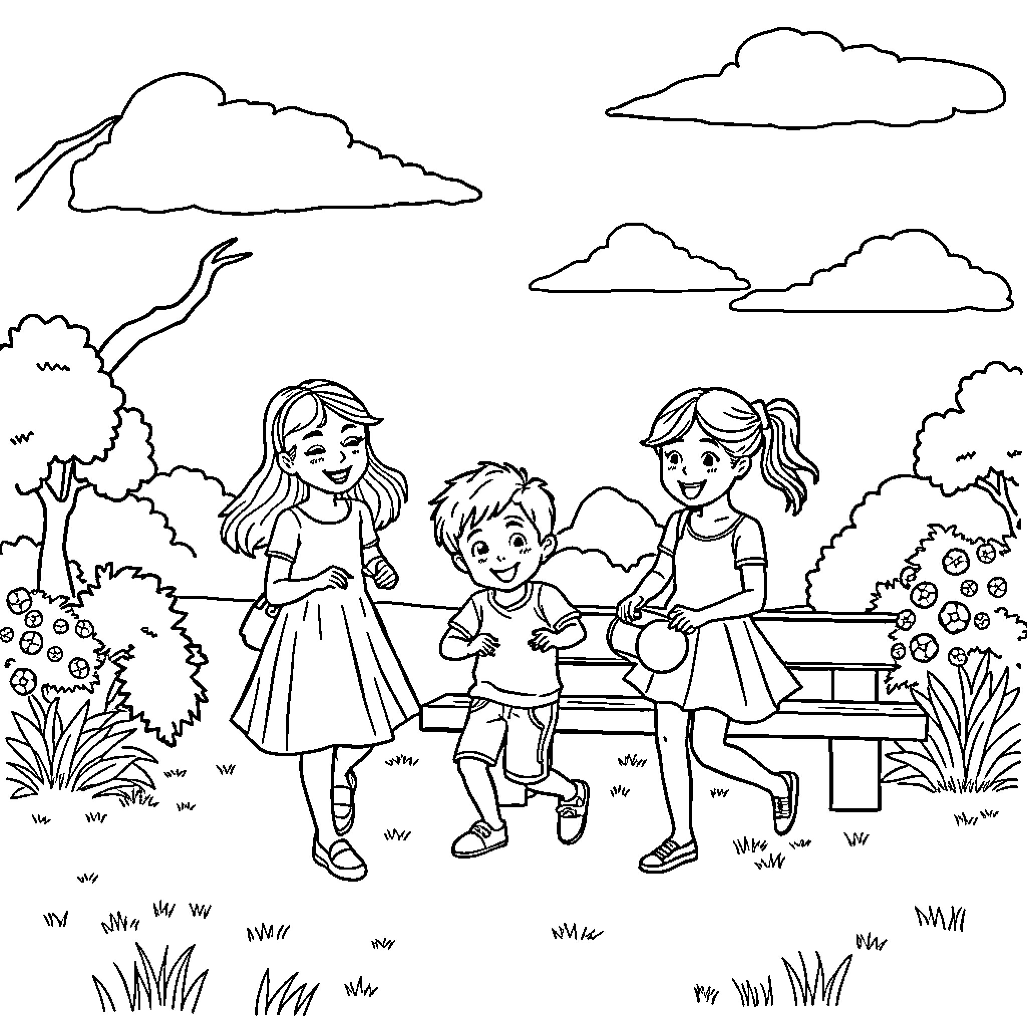 Girl playing with friends in a park Coloring Page (free black-and-white line drawing printable PDF for all, from beginners to advanced learners, including children, teens, adults, and seniors)