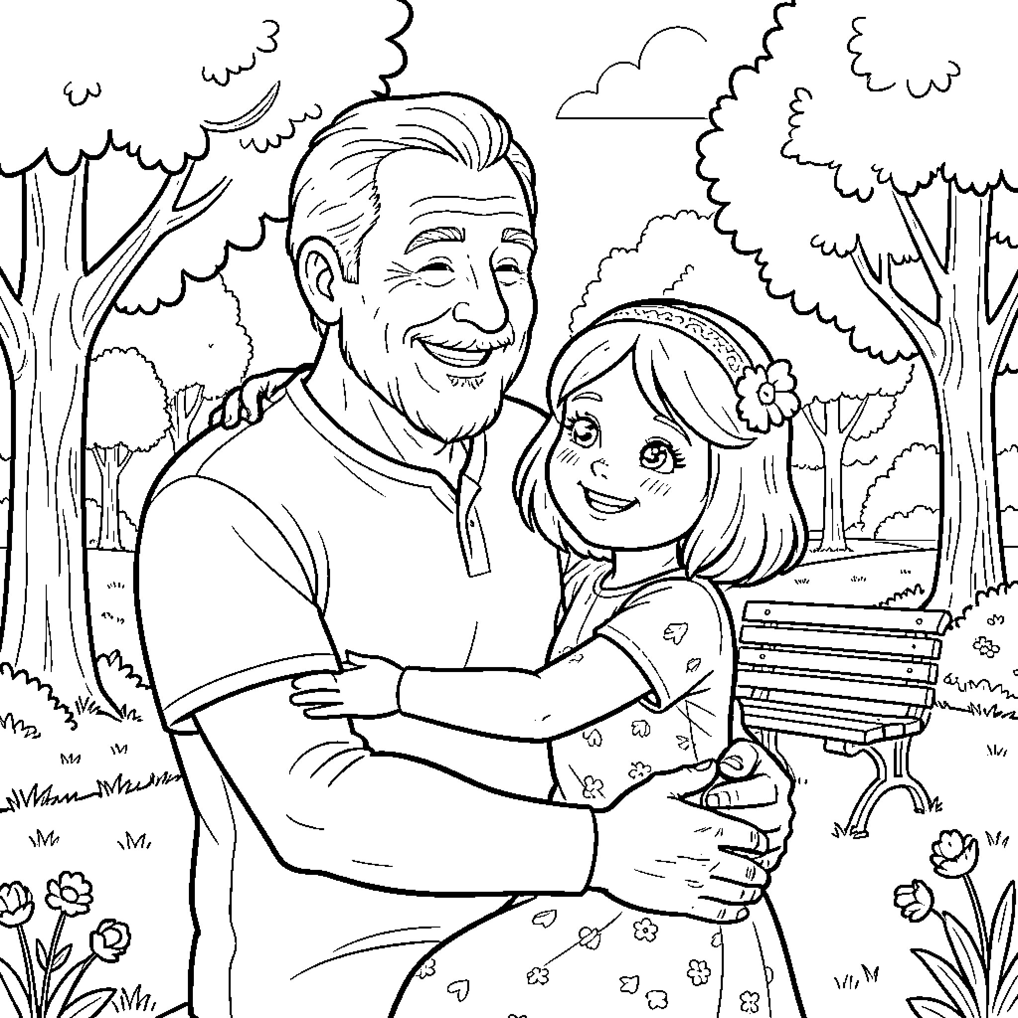 Abuelo hugging his smiling granddaughter in a park Coloring Page (free black-and-white line drawing printable PDF for all, from beginners to advanced learners, including children, teens, adults, and seniors)