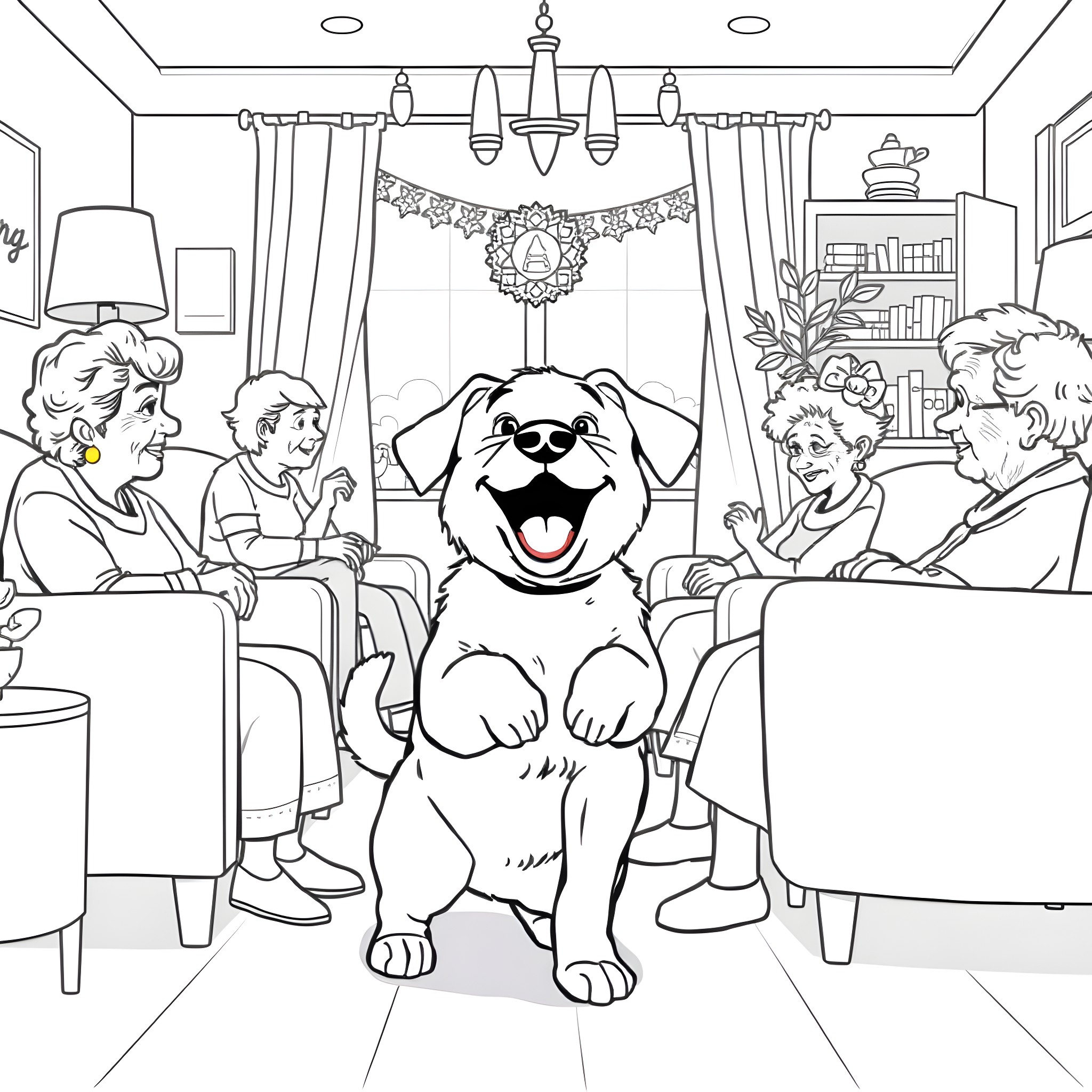 Puppy enjoying the company of a family Coloring Page (free black-and-white line drawing printable PDF for all, from beginners to advanced learners, including children, teens, adults, and seniors)