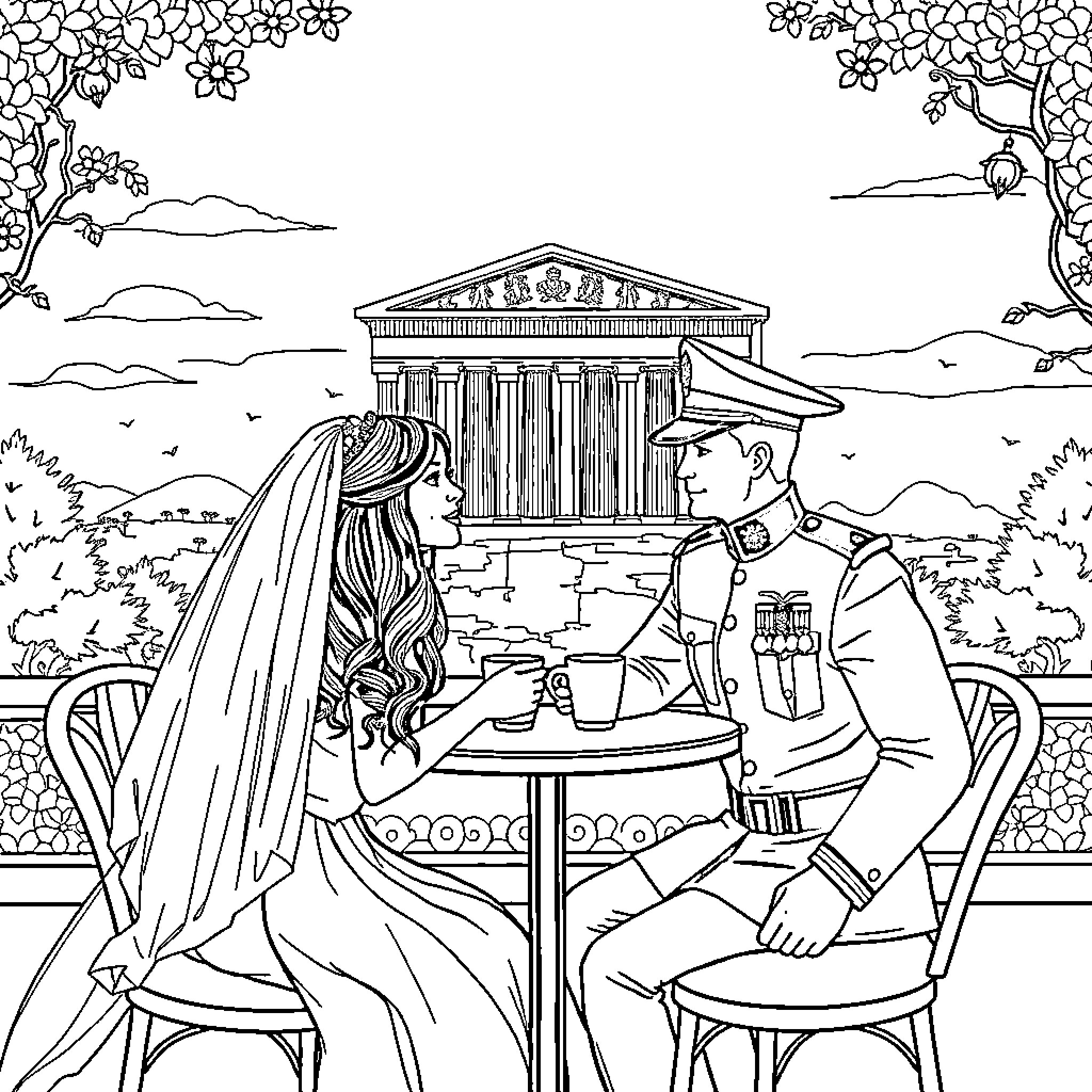 Officer and Woman in Formal Attire Conversing at Temple Coloring Page (free black-and-white line drawing printable PDF for all, from beginners to advanced learners, including children, teens, adults, and seniors)