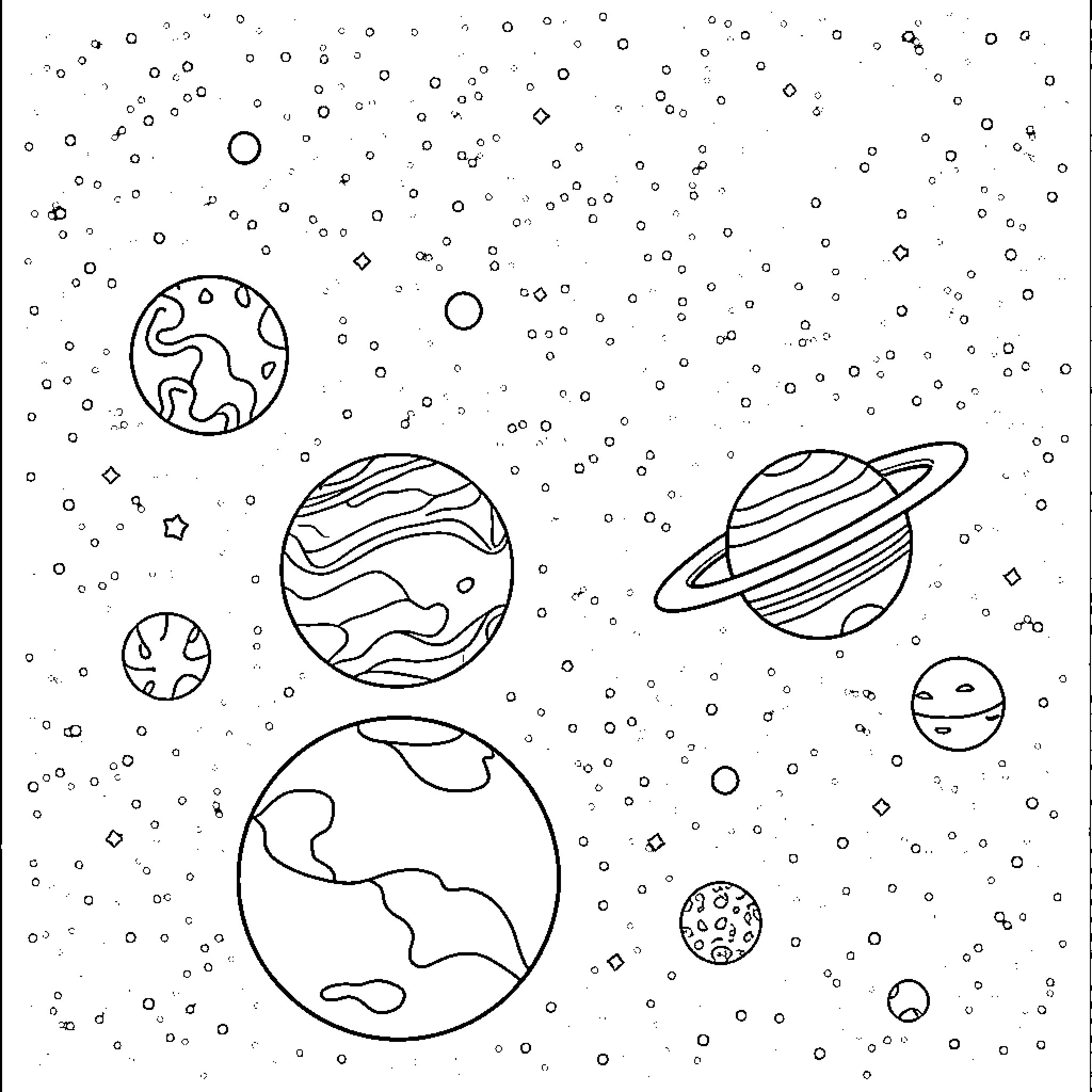 Planet Exploration in the Vast Cosmic Space Coloring Page (free black-and-white line drawing printable PDF for all, from beginners to advanced learners, including children, teens, adults, and seniors)