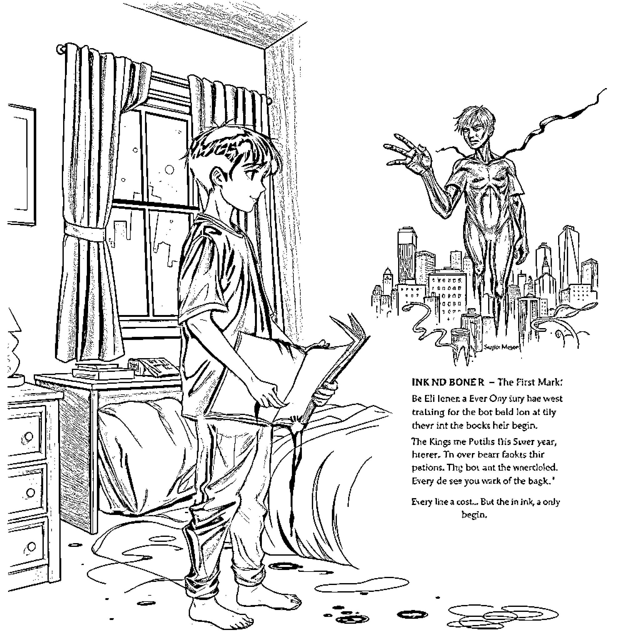 Eli's Imaginative Escape from Reality Coloring Page (free black-and-white line drawing printable PDF for all, from beginners to advanced learners, including children, teens, adults, and seniors)
