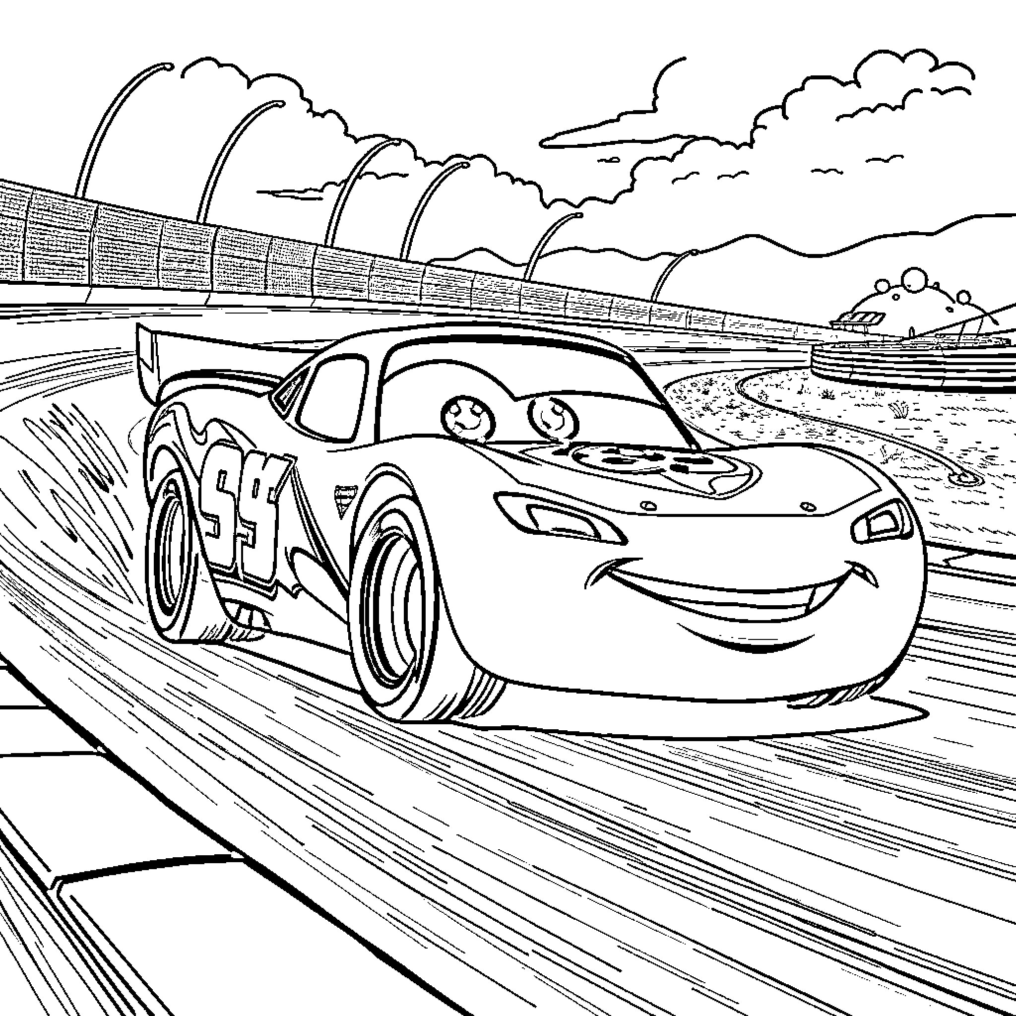 Lightning McQueen racing on the track Coloring Page (free black-and-white line drawing printable PDF for all, from beginners to advanced learners, including children, teens, adults, and seniors)