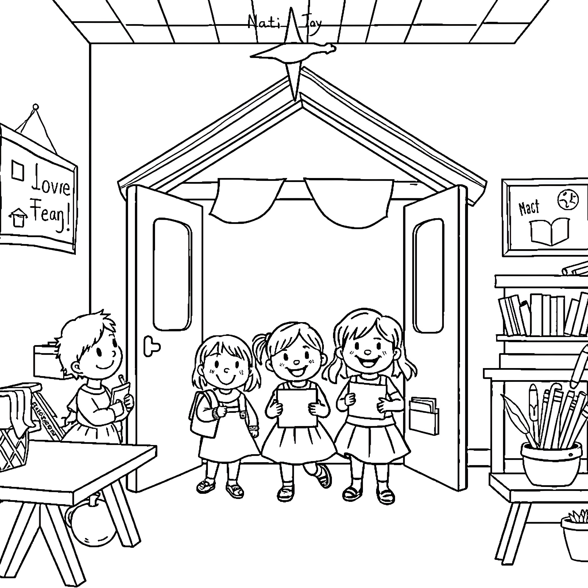 Nativity scene with children in school setting Coloring Page (free black-and-white line drawing printable PDF for all, from beginners to advanced learners, including children, teens, adults, and seniors)