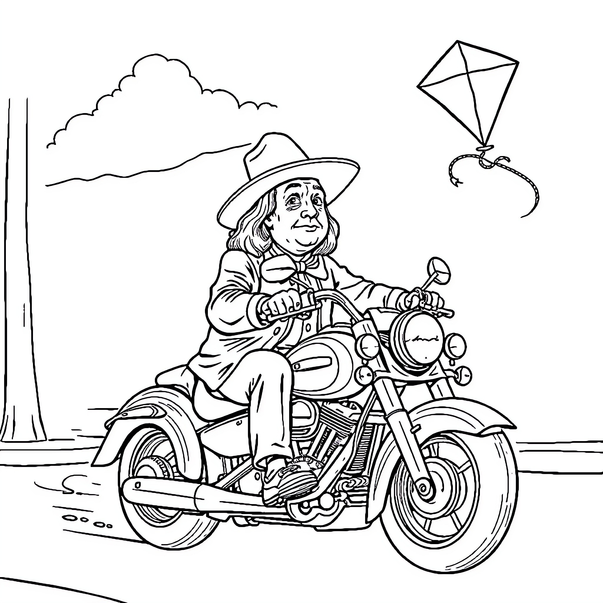 Benjamin Franklin riding a motorcycle with a kite in the sky Coloring Page (free black-and-white line drawing printable PDF for all, from beginners to advanced learners, including children, teens, adults, and seniors)