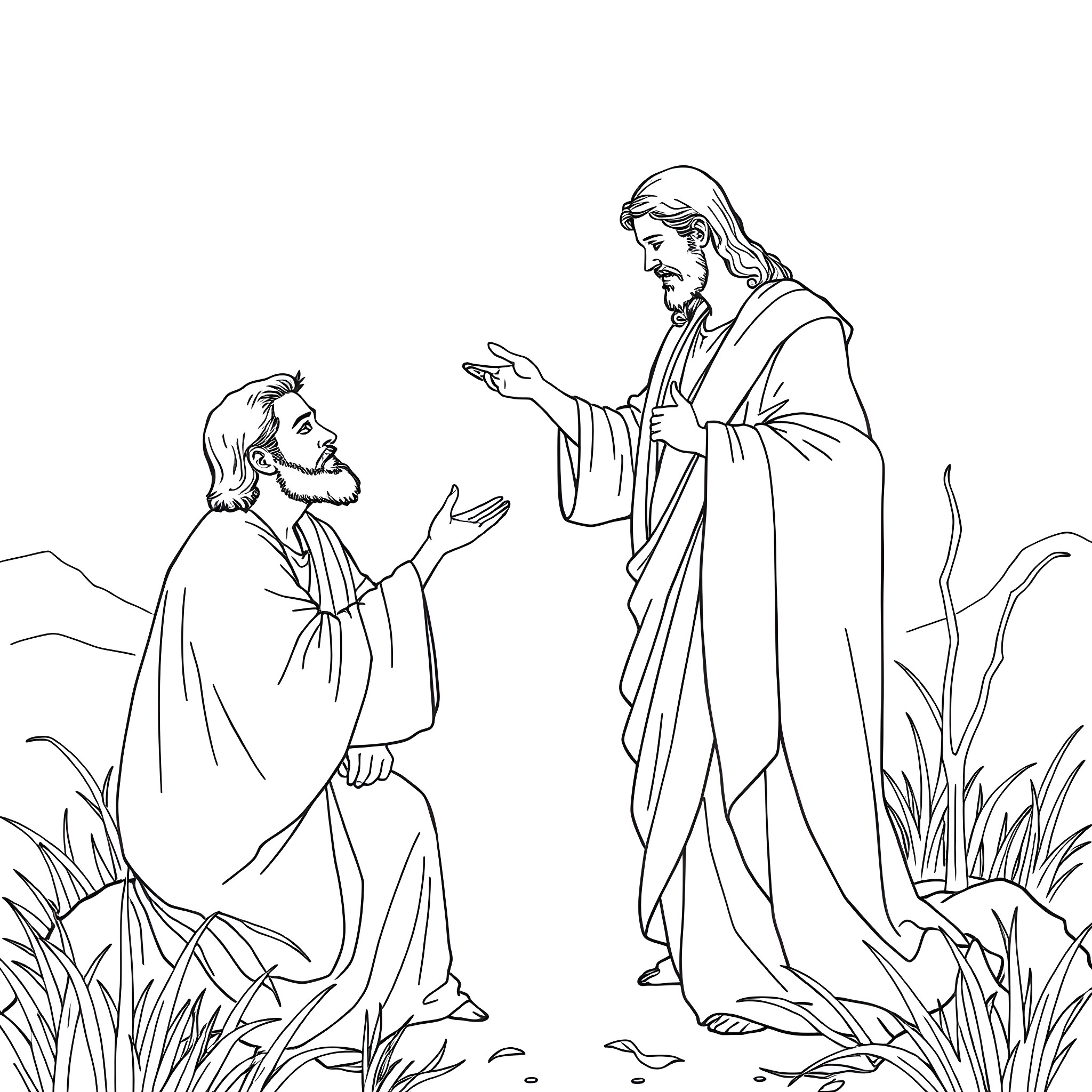 Jesus comforting and teaching a man in the wilderness Coloring Page (free black-and-white line drawing printable PDF for all, from beginners to advanced learners, including children, teens, adults, and seniors)