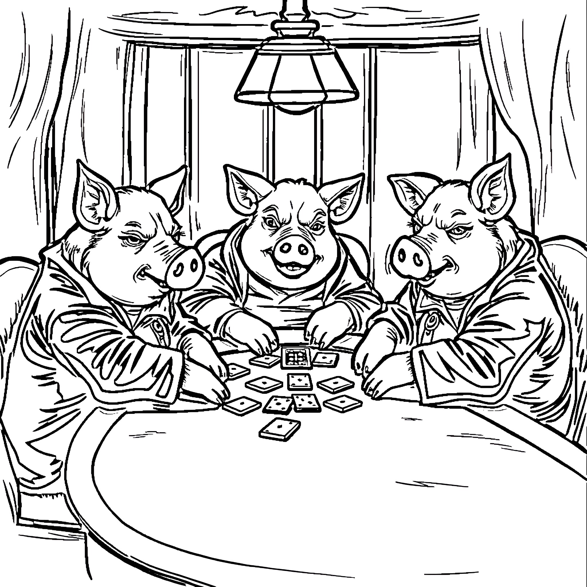 Pigs playing cards at the table Coloring Page (free black-and-white line drawing printable PDF for all, from beginners to advanced learners, including children, teens, adults, and seniors)