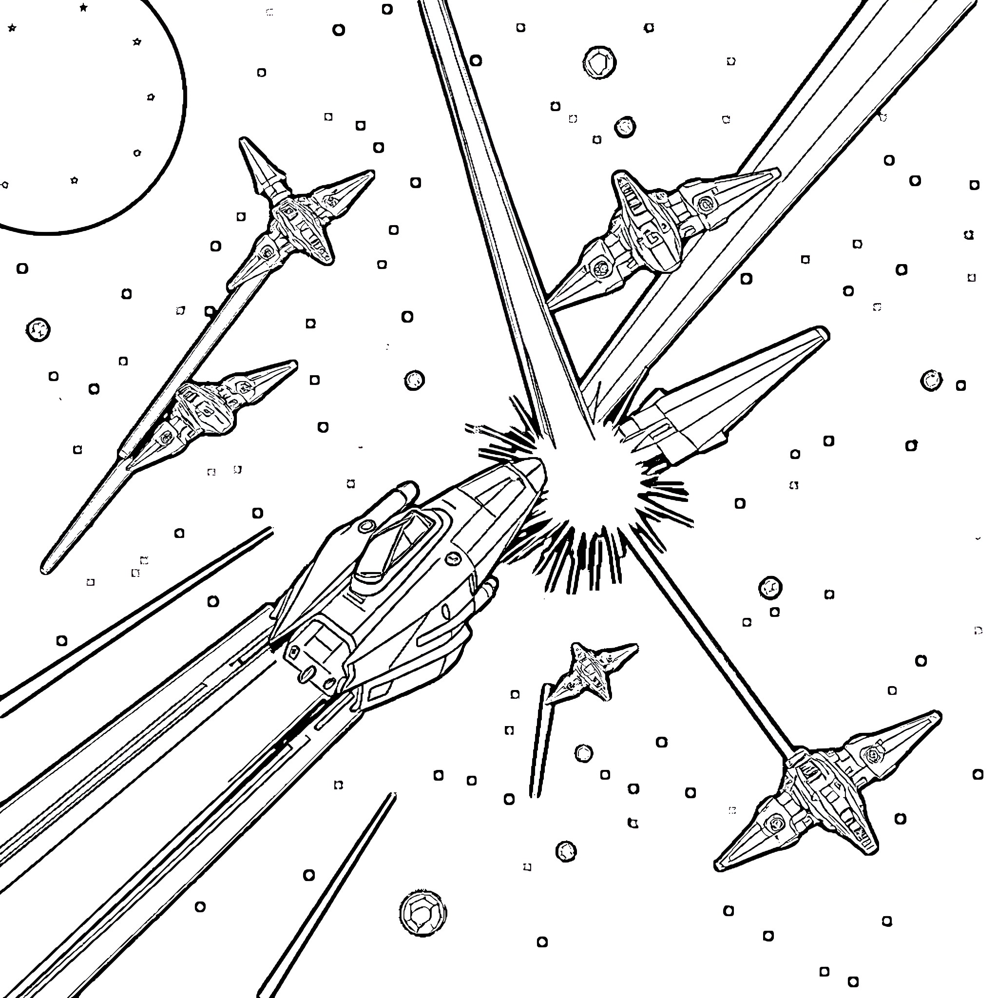 Spaceship battle in the starry cosmos Coloring Page (free black-and-white line drawing printable PDF for all, from beginners to advanced learners, including children, teens, adults, and seniors)