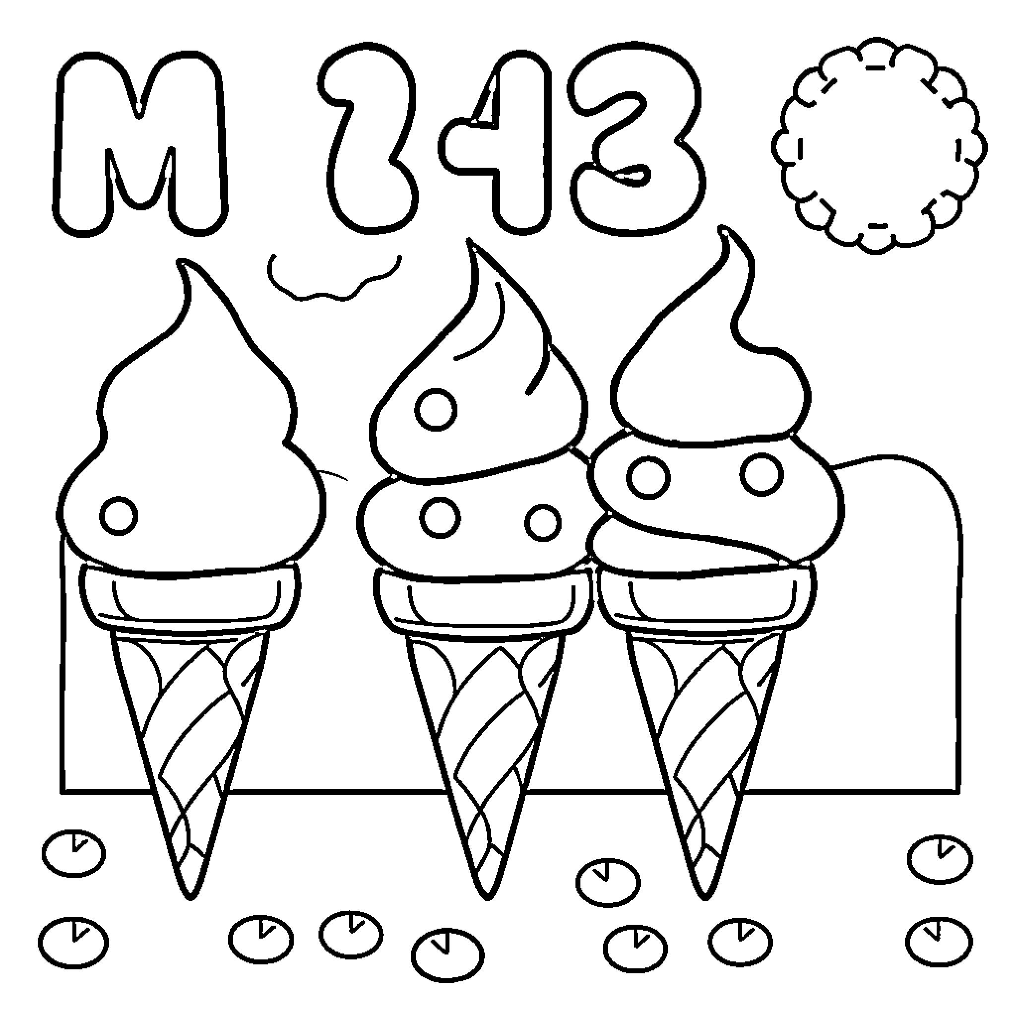 Ice Cream Cones with Playful Illustrations Coloring Page (free black-and-white line drawing printable PDF for all, from beginners to advanced learners, including children, teens, adults, and seniors)