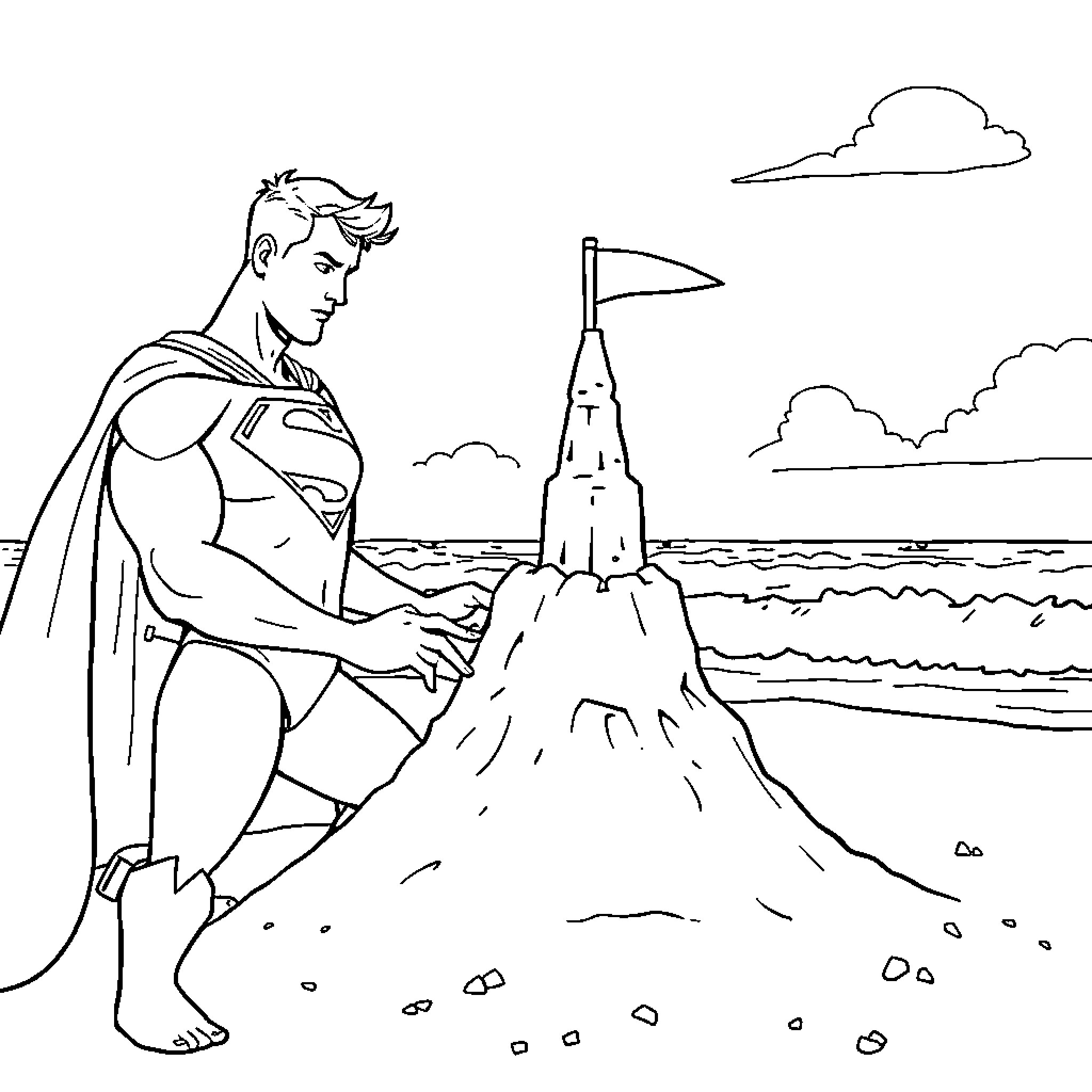 Superman building a sandcastle by the shore Coloring Page (free black-and-white line drawing printable PDF for all, from beginners to advanced learners, including children, teens, adults, and seniors)