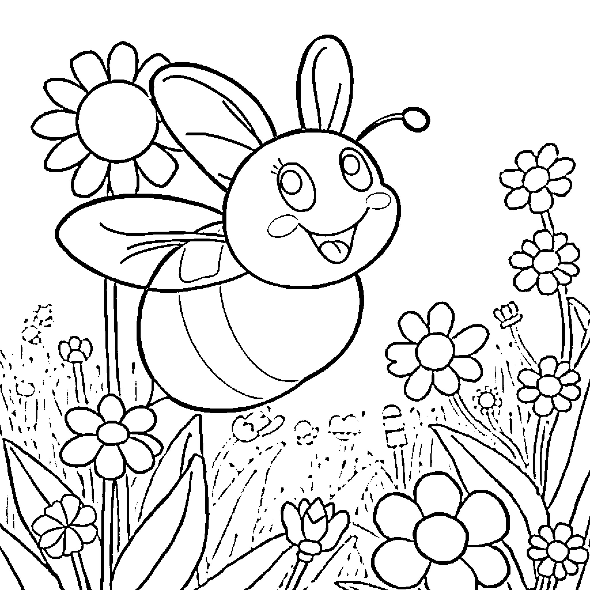 Bee exploring the vibrant garden Coloring Page (free black-and-white line drawing printable PDF for all, from beginners to advanced learners, including children, teens, adults, and seniors)