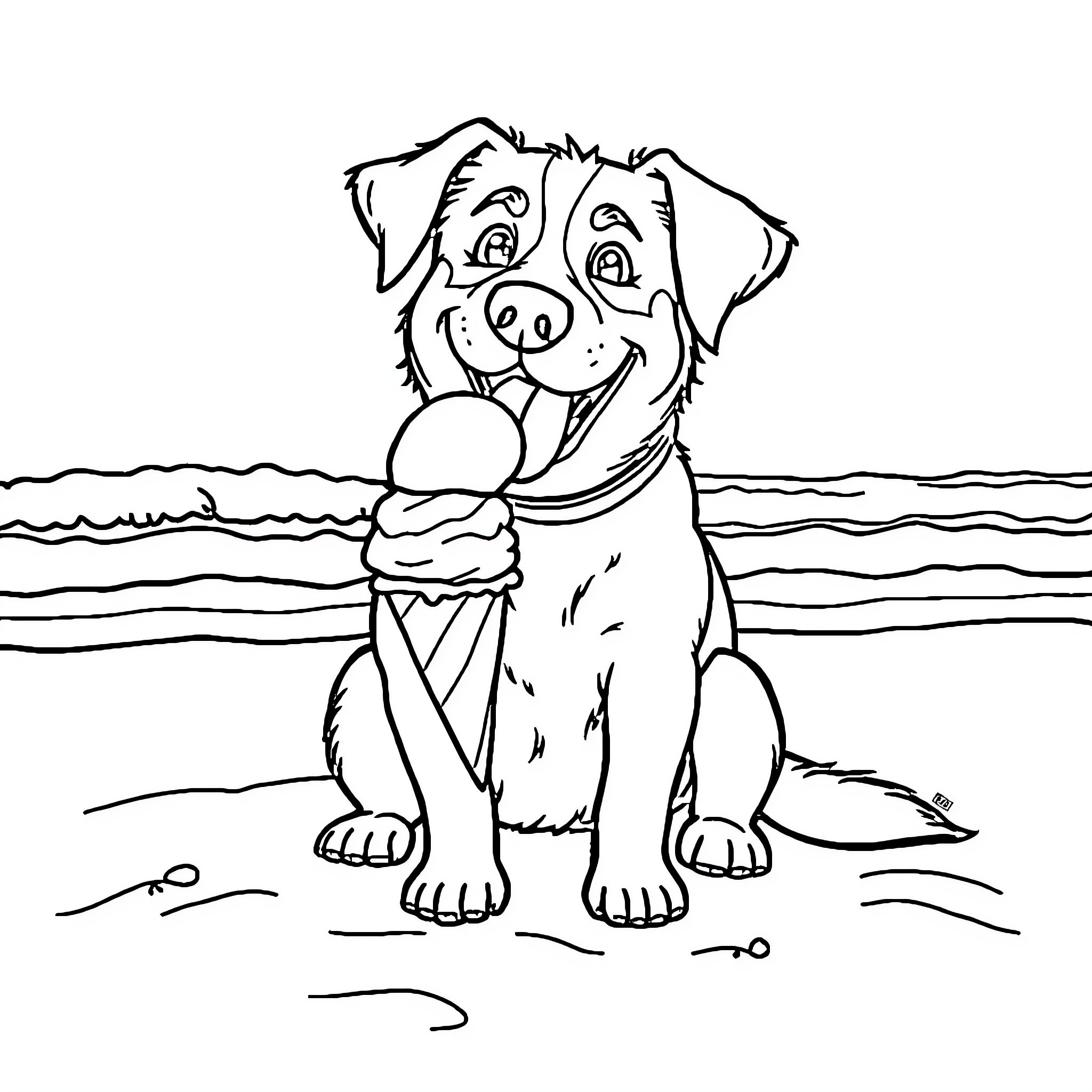 Dog playing with ball on the beach Coloring Page (free black-and-white line drawing printable PDF for all, from beginners to advanced learners, including children, teens, adults, and seniors)