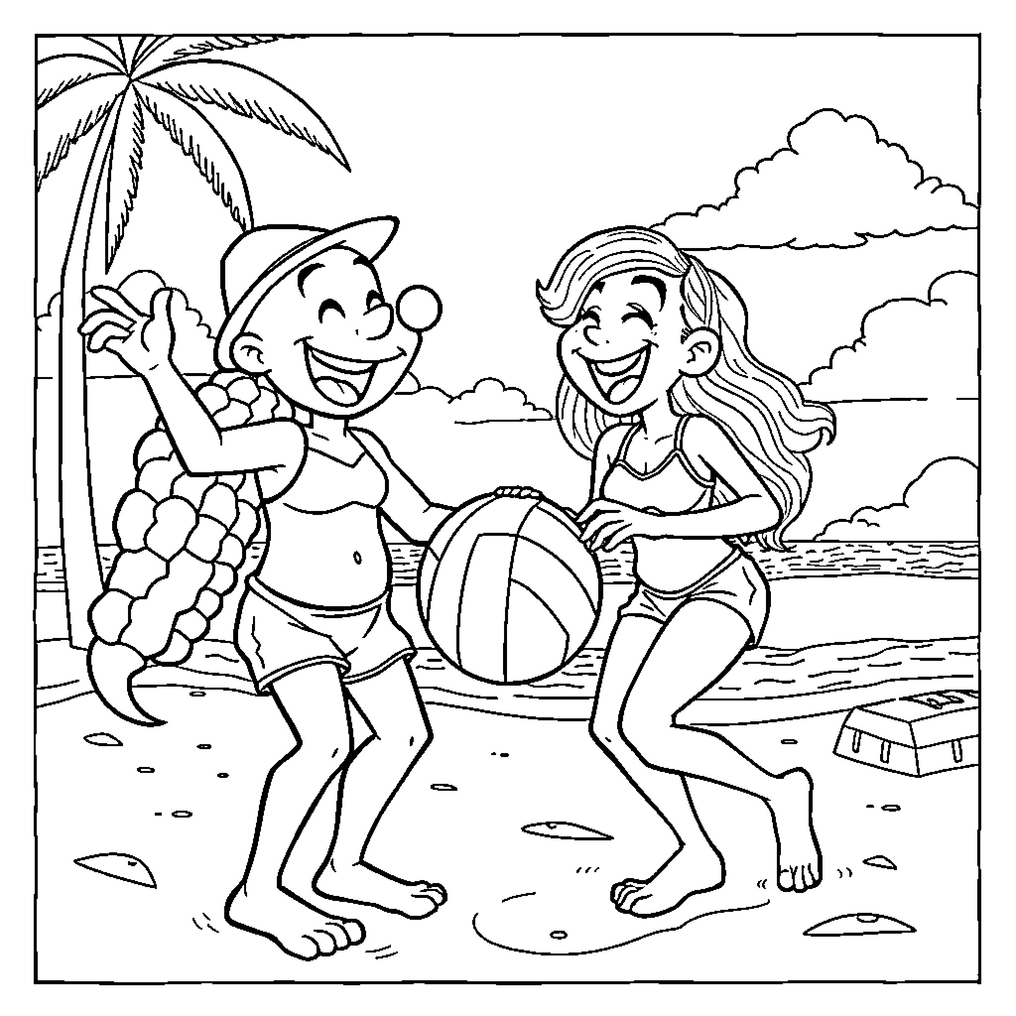 Bluey enjoying the beach with friends Coloring Page (free black-and-white line drawing printable PDF for all, from beginners to advanced learners, including children, teens, adults, and seniors)