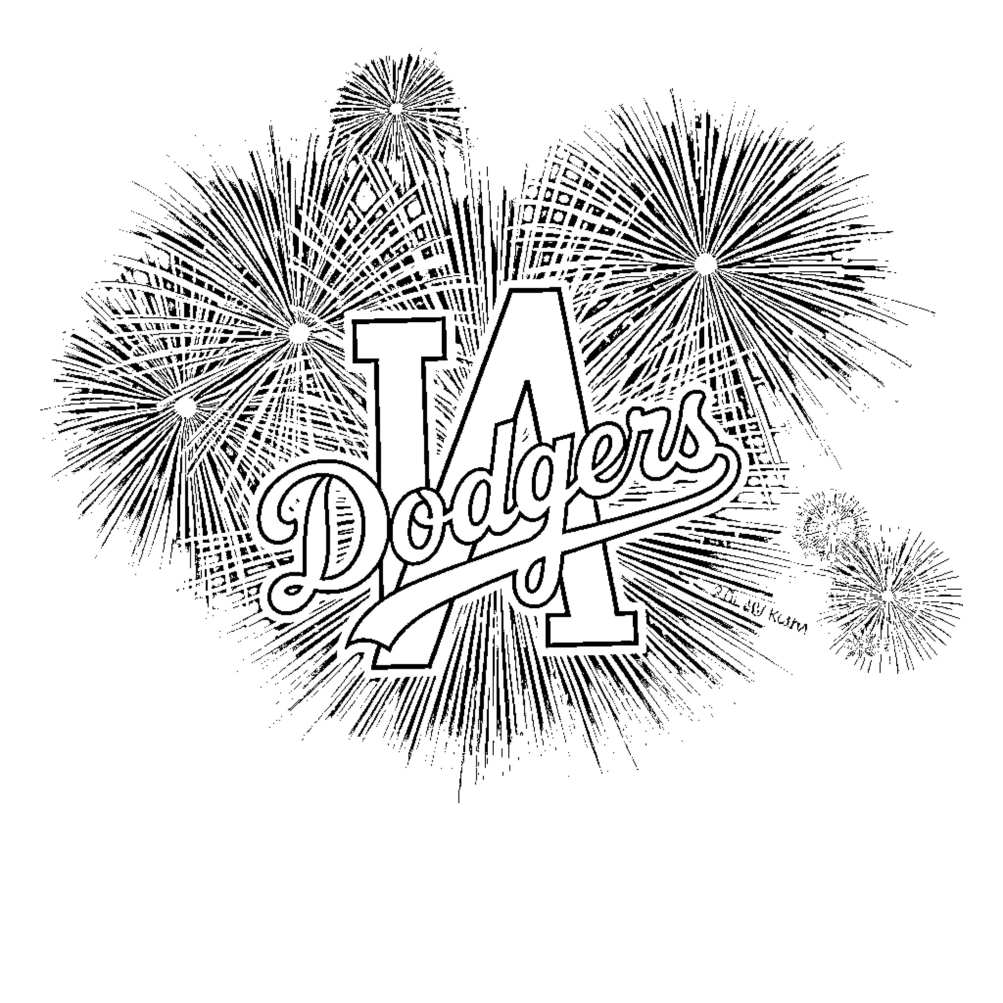 Dodgers logo and fireworks display Coloring Page (free black-and-white line drawing printable PDF for all, from beginners to advanced learners, including children, teens, adults, and seniors)