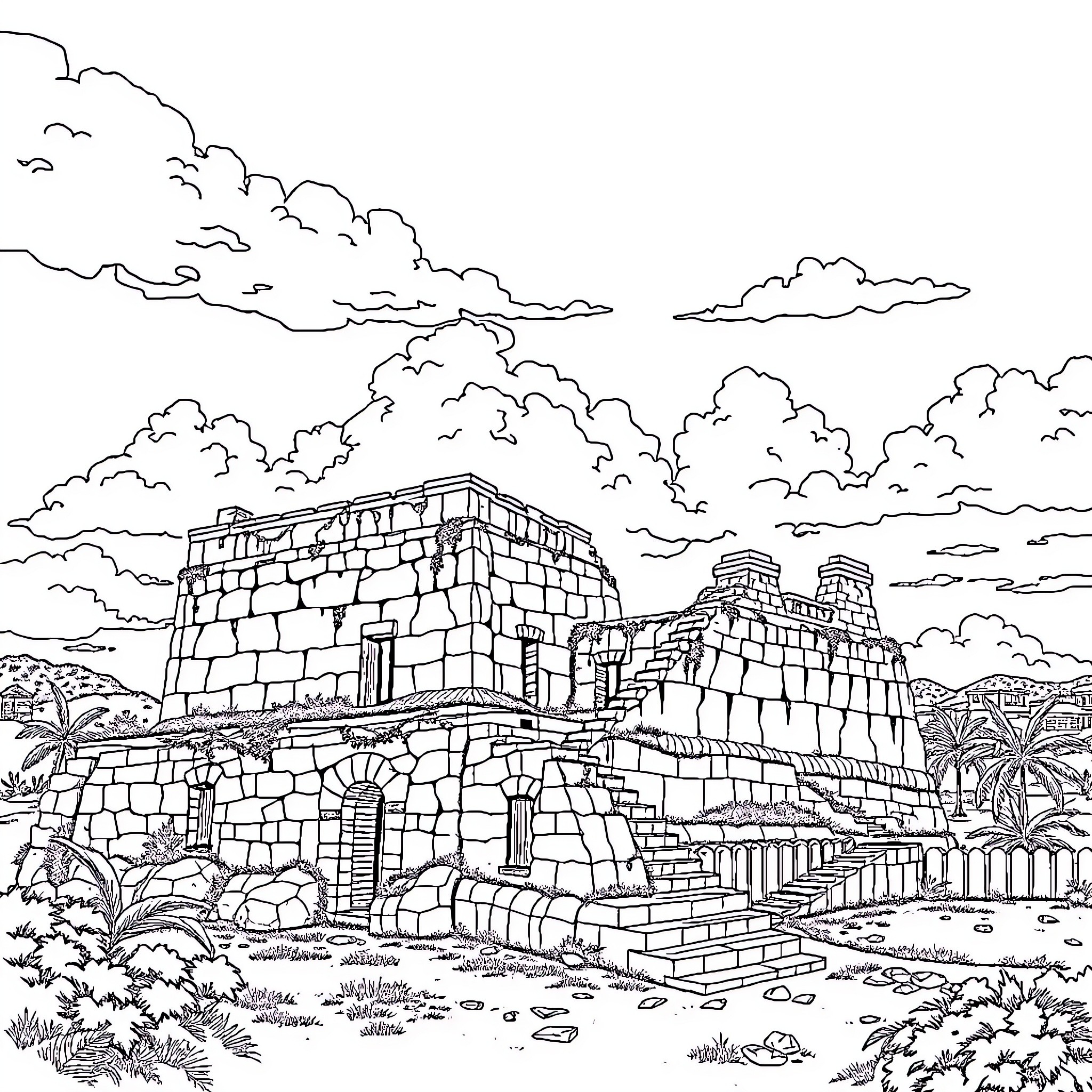 Panamá la Vieja: Majestic Ruins in a Cloudy Landscape Coloring Page (free black-and-white line drawing printable PDF for all, from beginners to advanced learners, including children, teens, adults, and seniors)