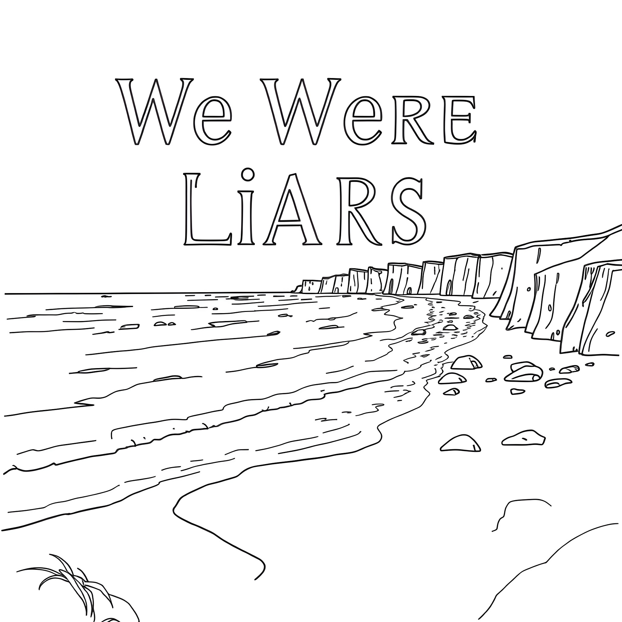 Book depicting a coastal landscape with 'We Were Liars' text Coloring Page (free black-and-white line drawing printable PDF for all, from beginners to advanced learners, including children, teens, adults, and seniors)