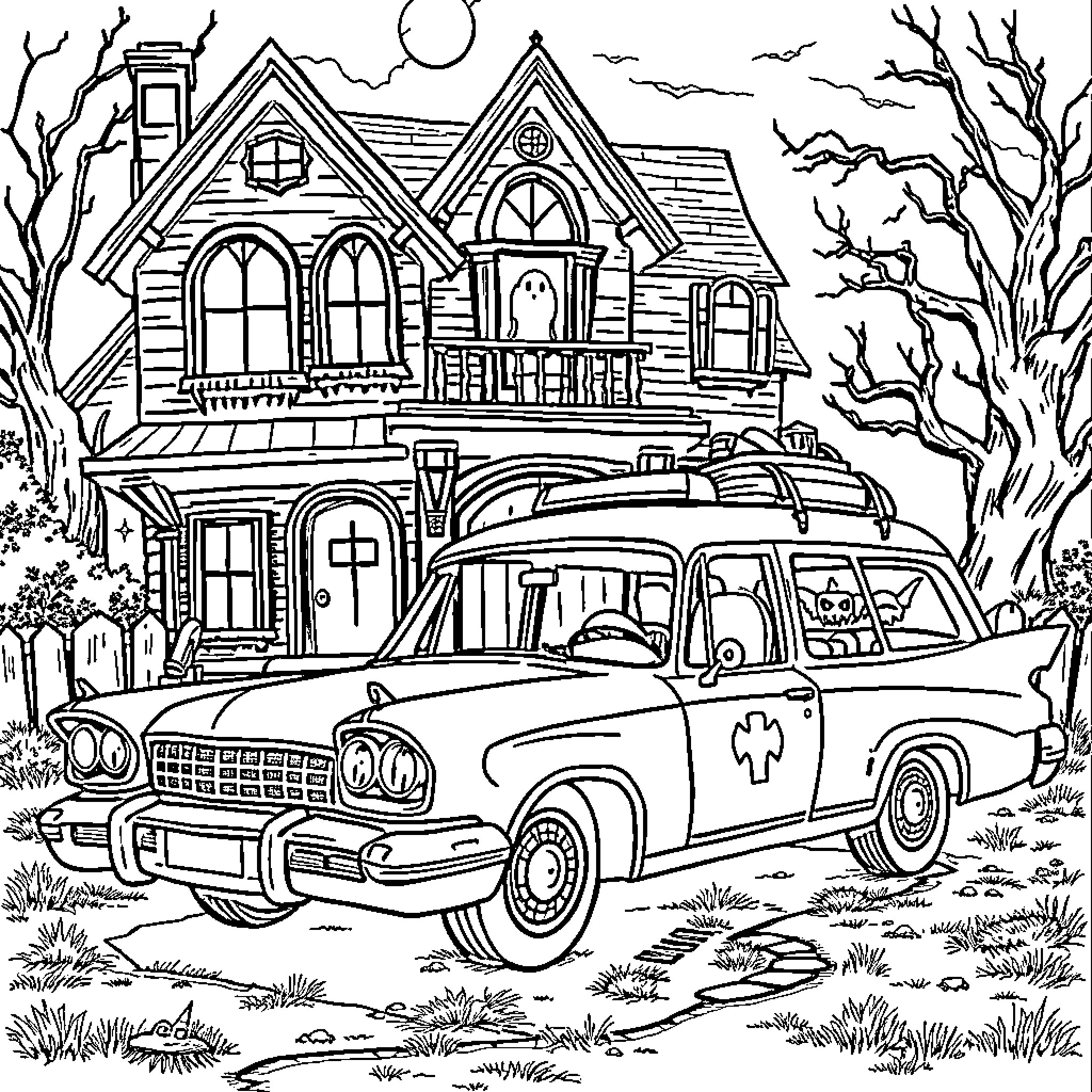 Mystery Machine Unraveling the Spooky Haunted House Coloring Page (free black-and-white line drawing printable PDF for all, from beginners to advanced learners, including children, teens, adults, and seniors)