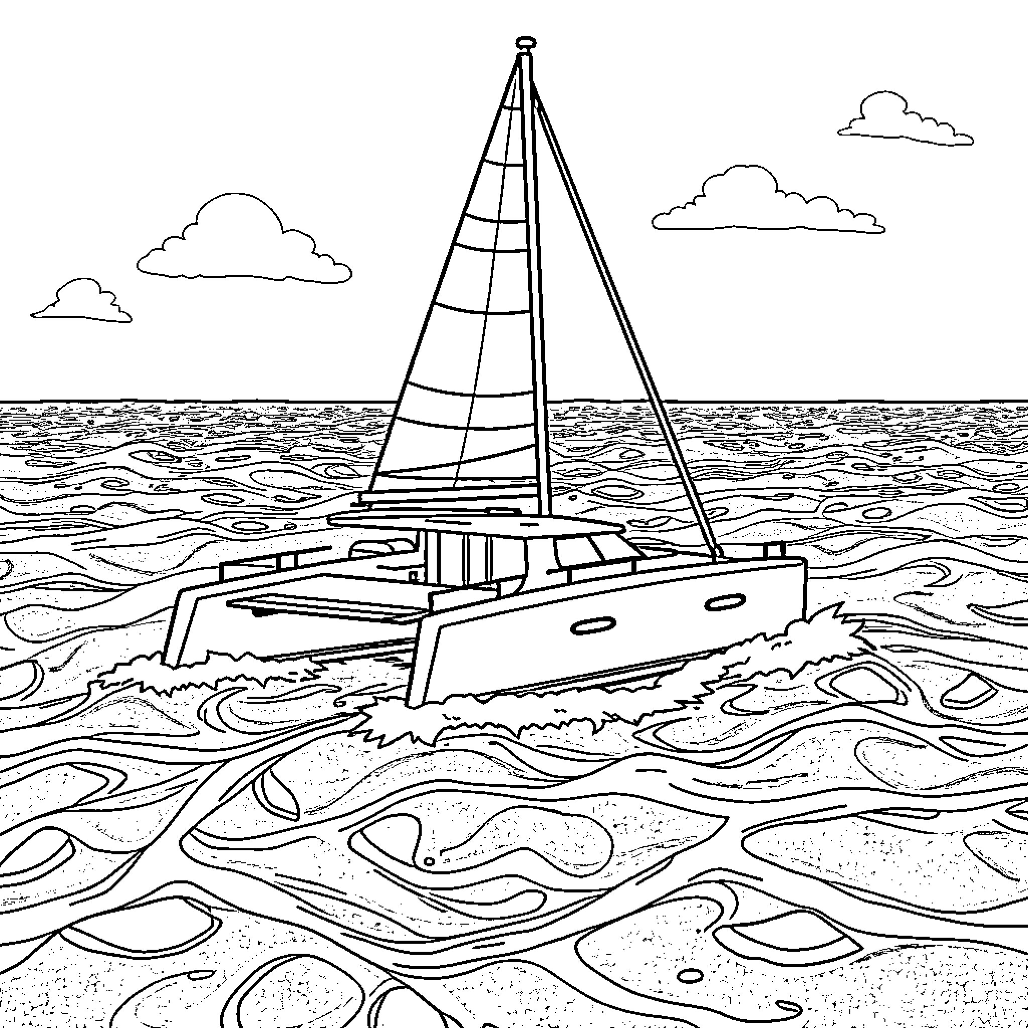 Catamaran sailing on tranquil ocean waters Coloring Page (free black-and-white line drawing printable PDF for all, from beginners to advanced learners, including children, teens, adults, and seniors)