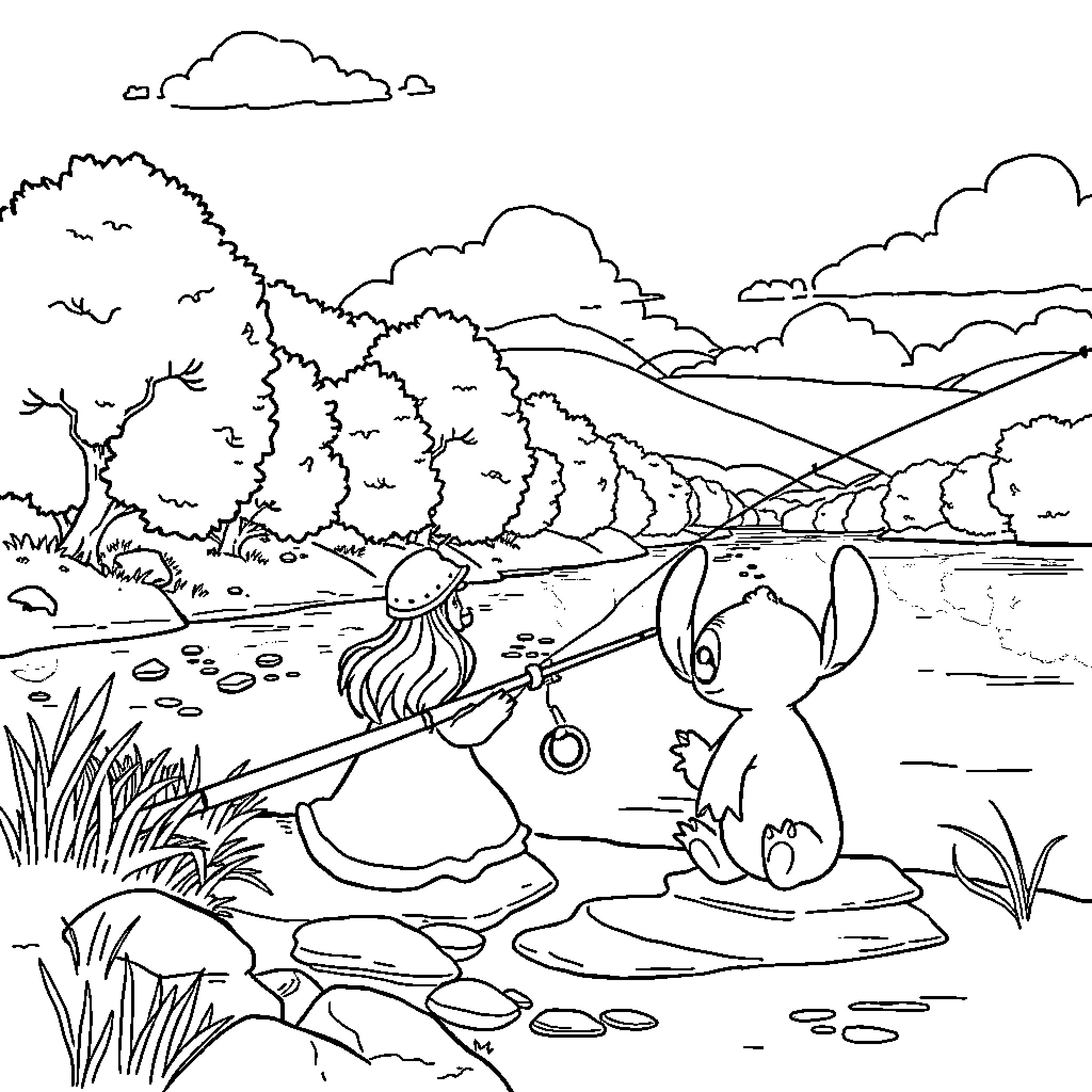 Lilo And Stitch Exploring Picturesque Landscape Coloring Page (free black-and-white line drawing printable PDF for all, from beginners to advanced learners, including children, teens, adults, and seniors)